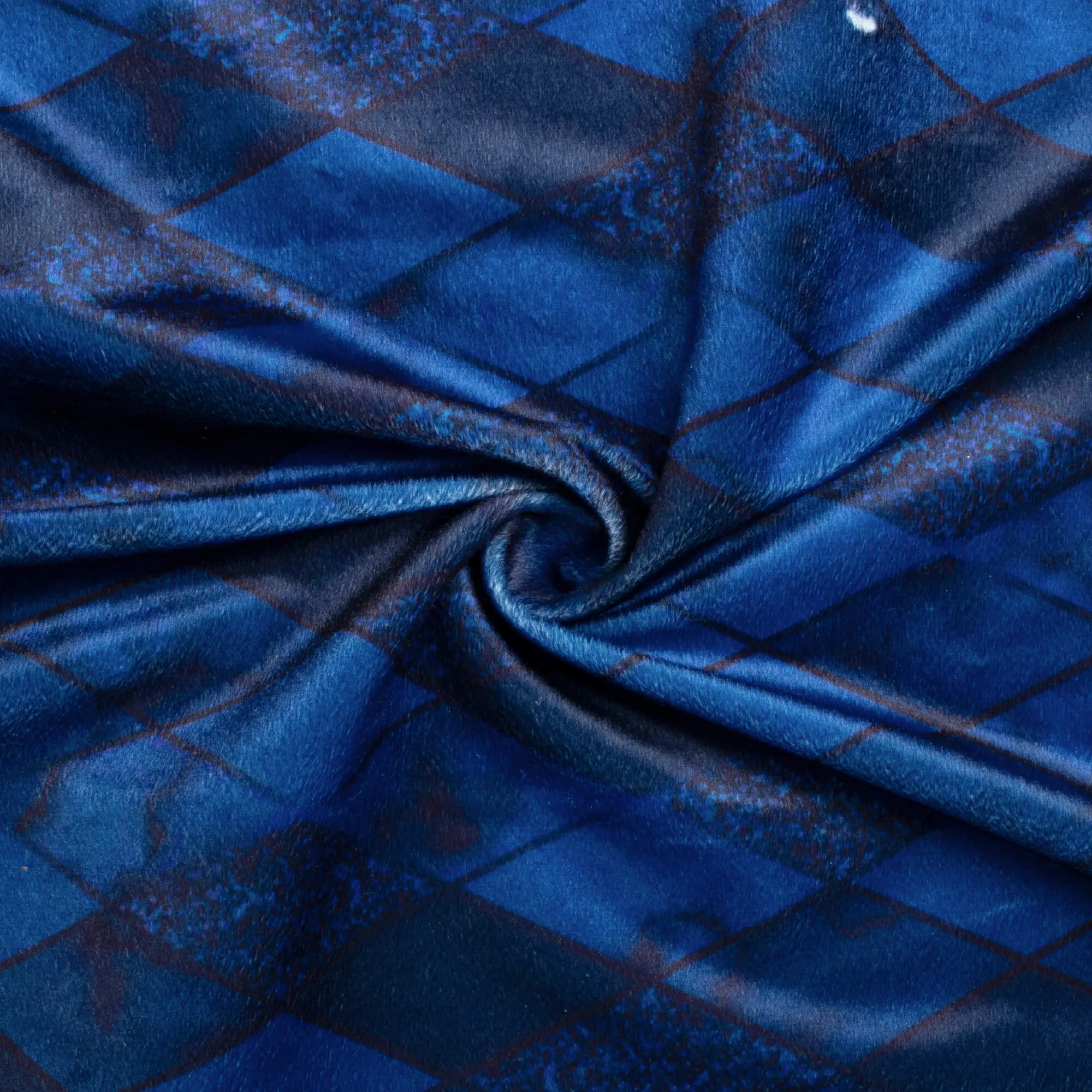 Admiral Blue Checks Pattern Digital Print Velvet Fabric (Width 58 Inches)