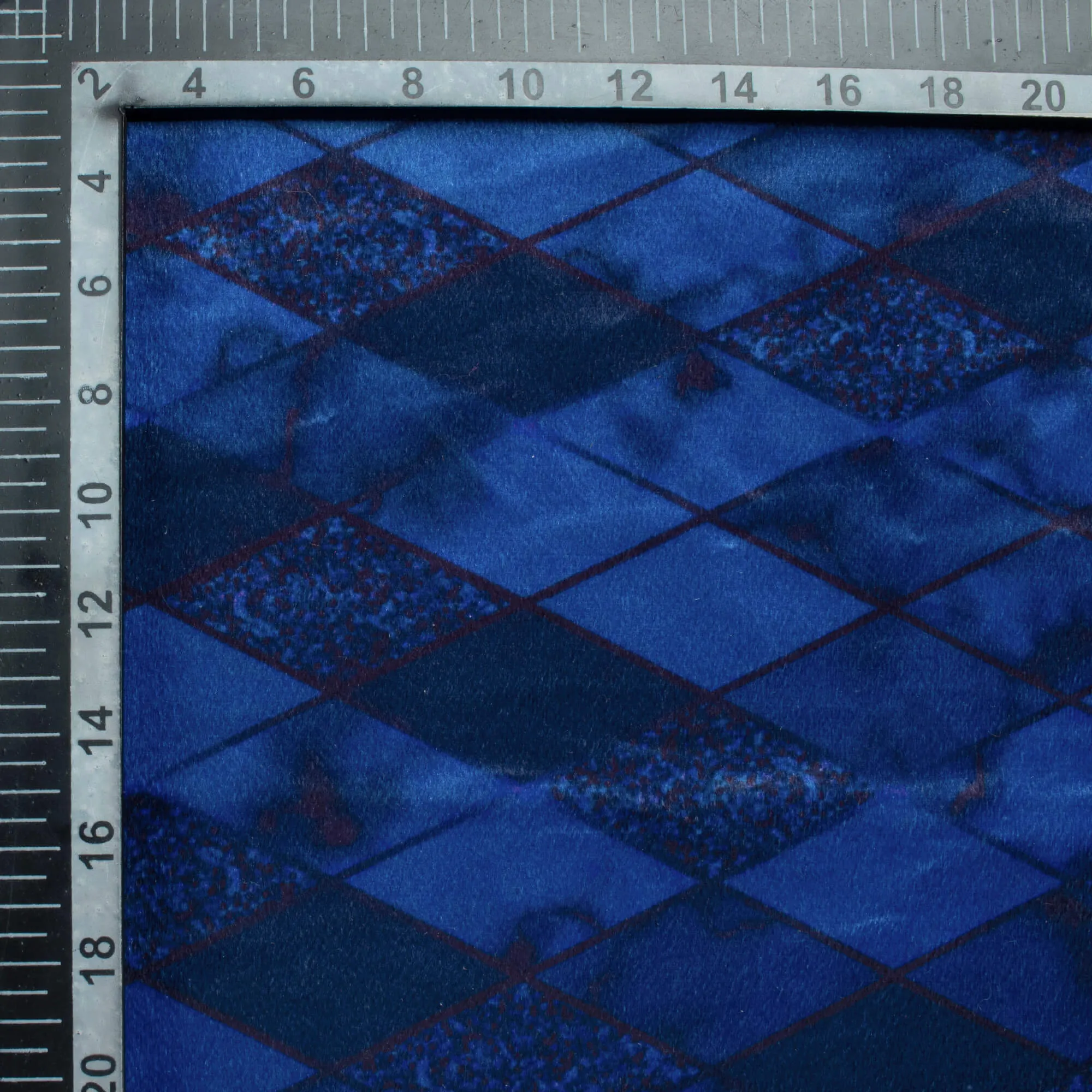 Admiral Blue Checks Pattern Digital Print Velvet Fabric (Width 58 Inches)