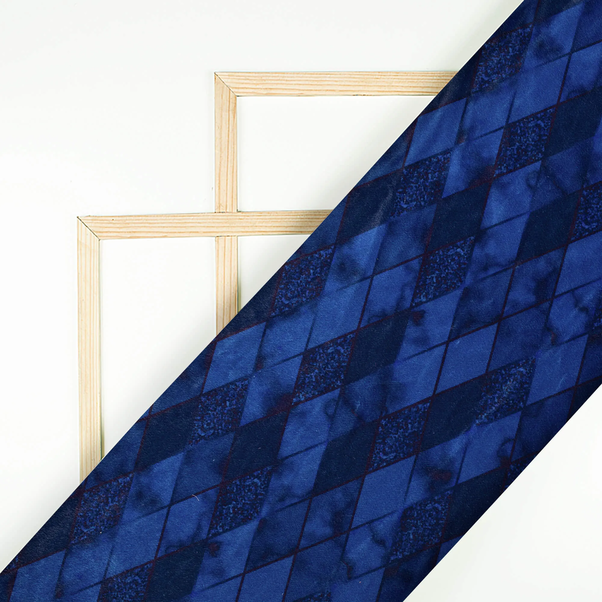 Admiral Blue Checks Pattern Digital Print Velvet Fabric (Width 58 Inches)