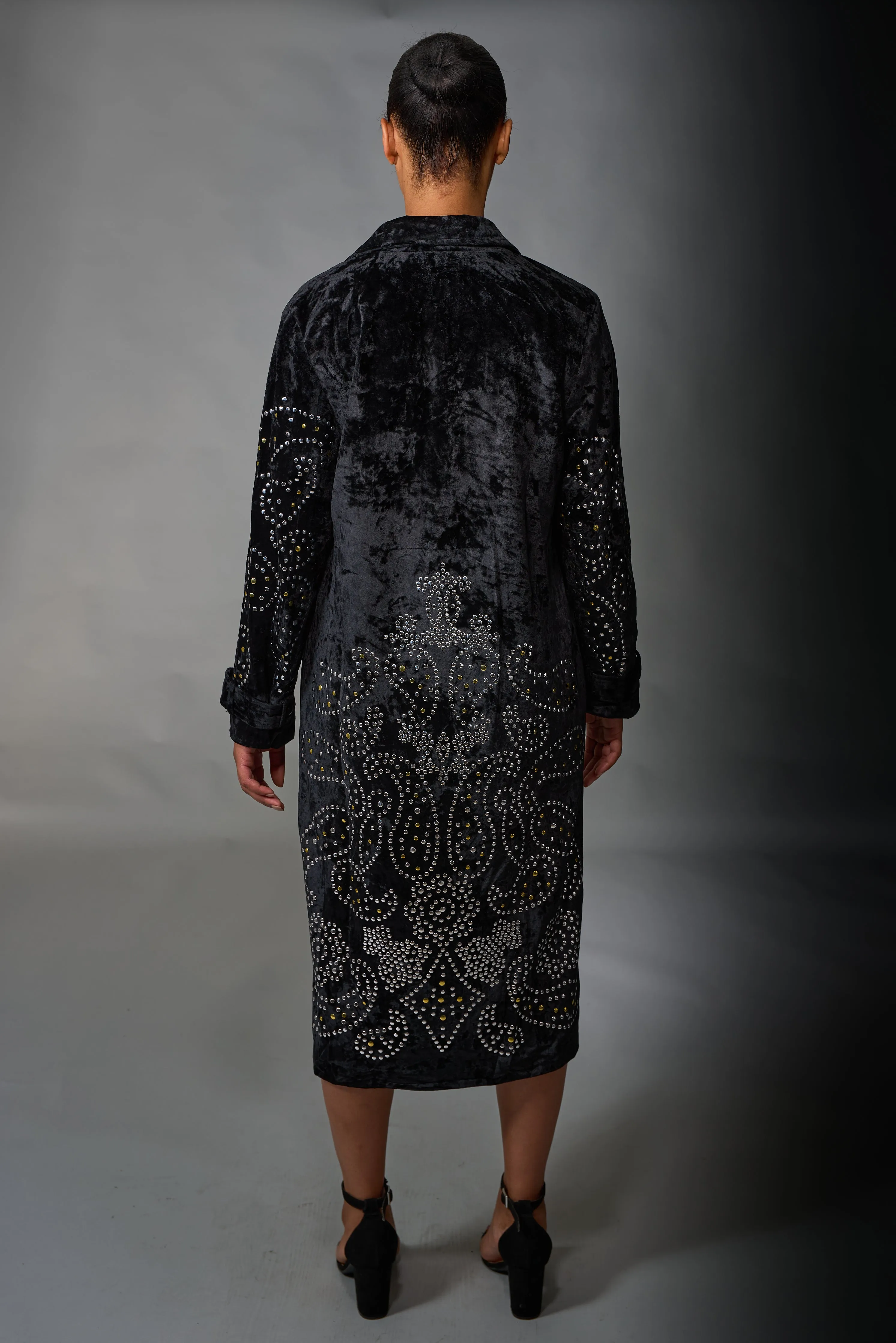 Adore, Velvet, Long Duster with Stud Detail in Black