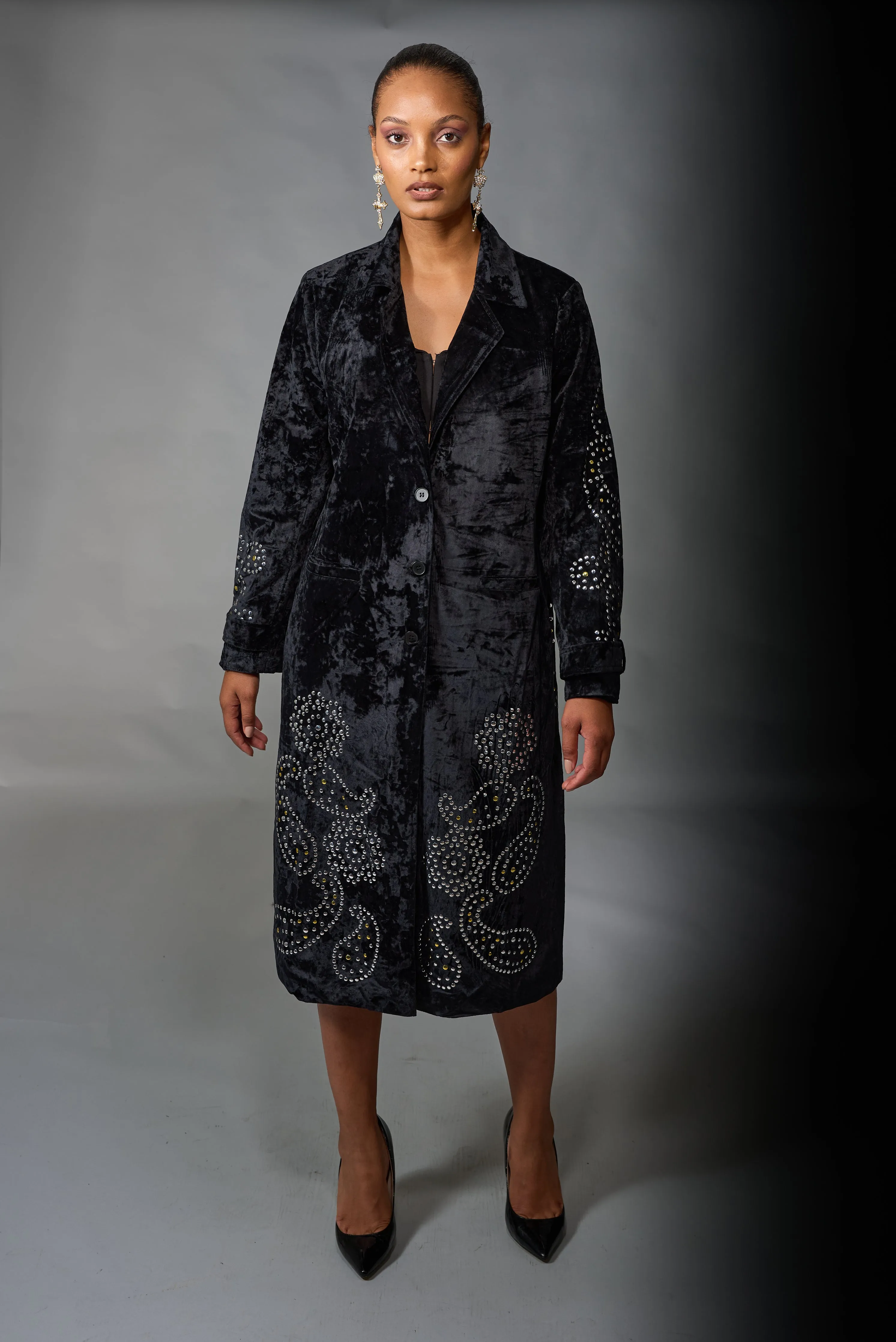 Adore, Velvet, Long Duster with Stud Detail in Black