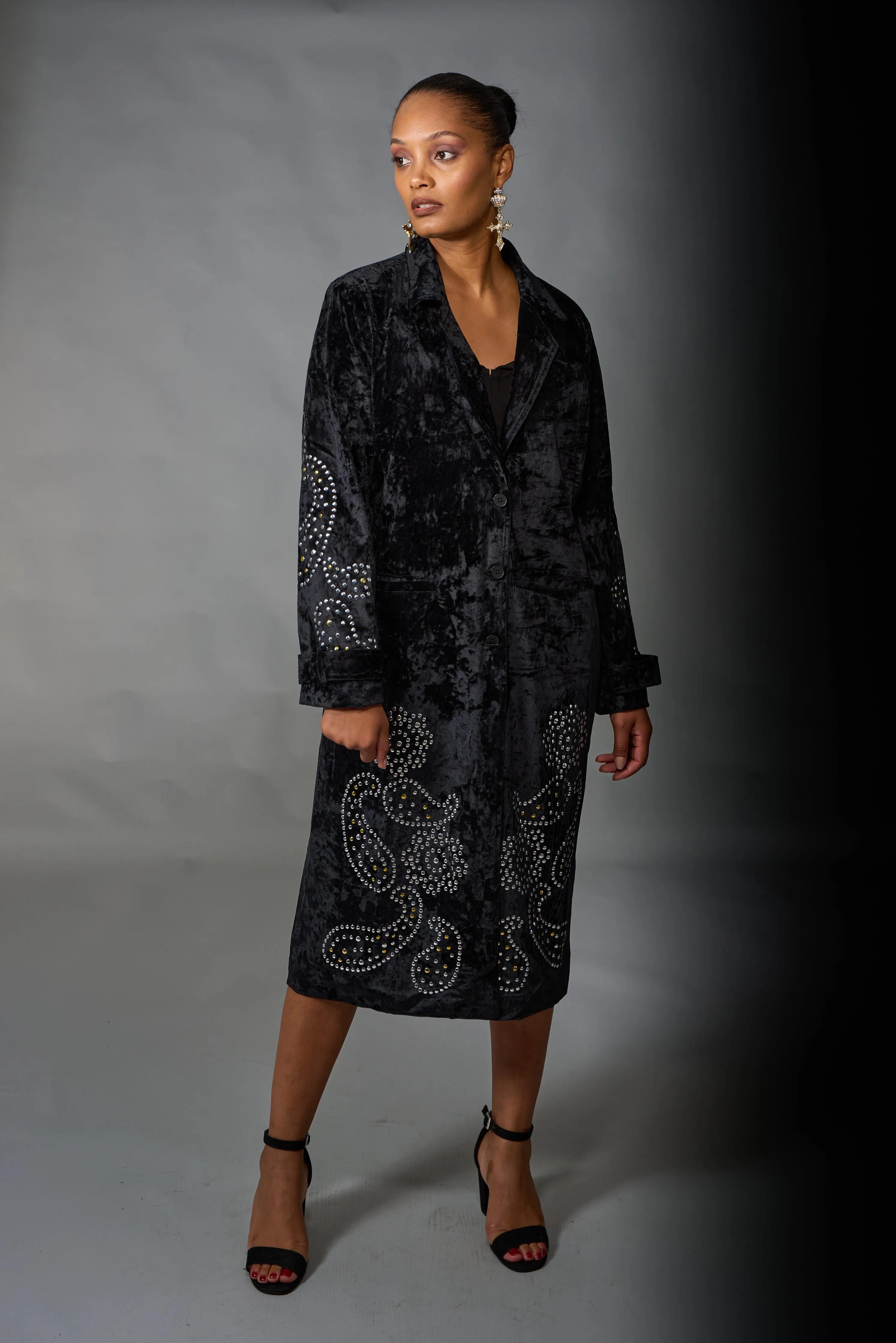Adore, Velvet, Long Duster with Stud Detail in Black