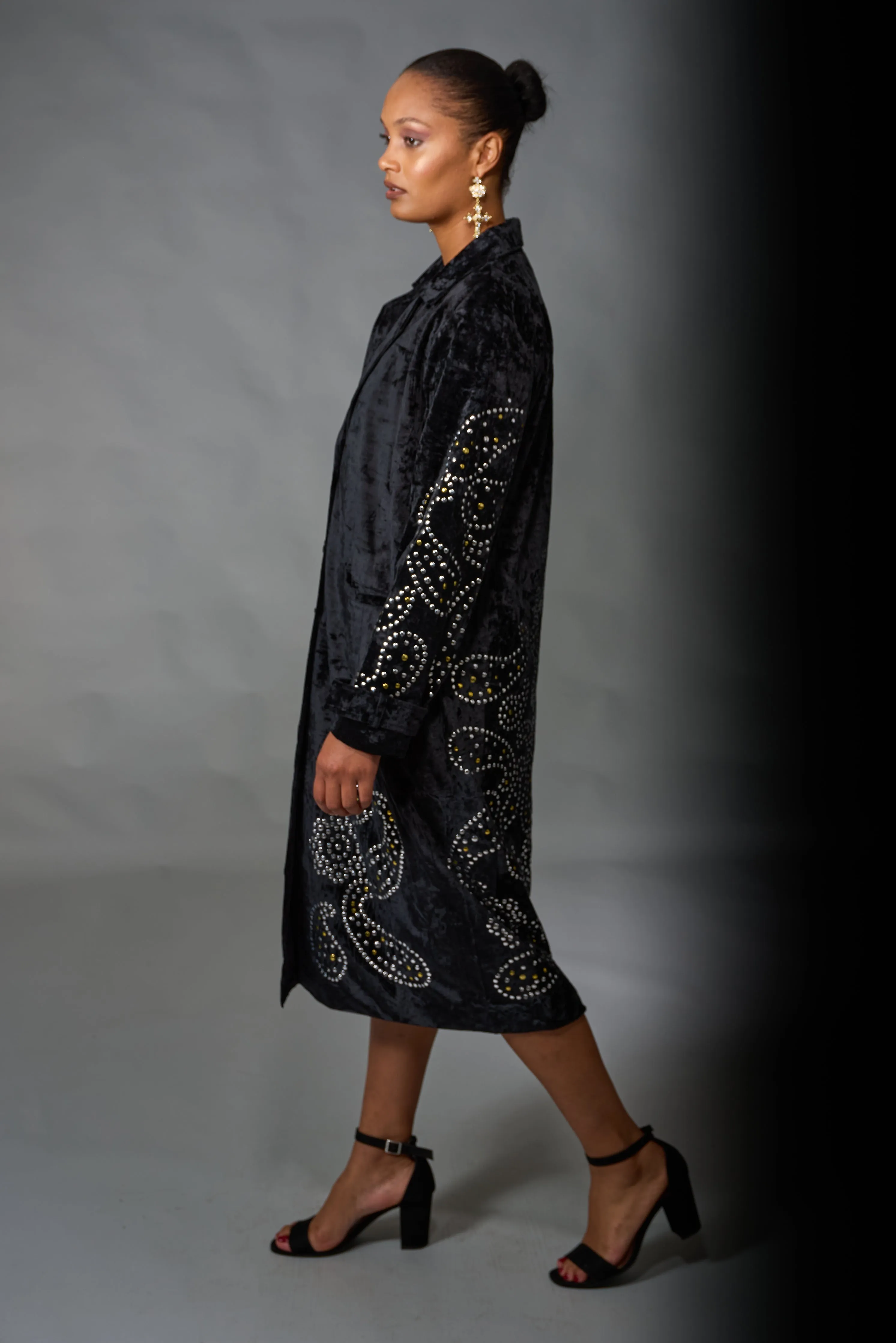 Adore, Velvet, Long Duster with Stud Detail in Black