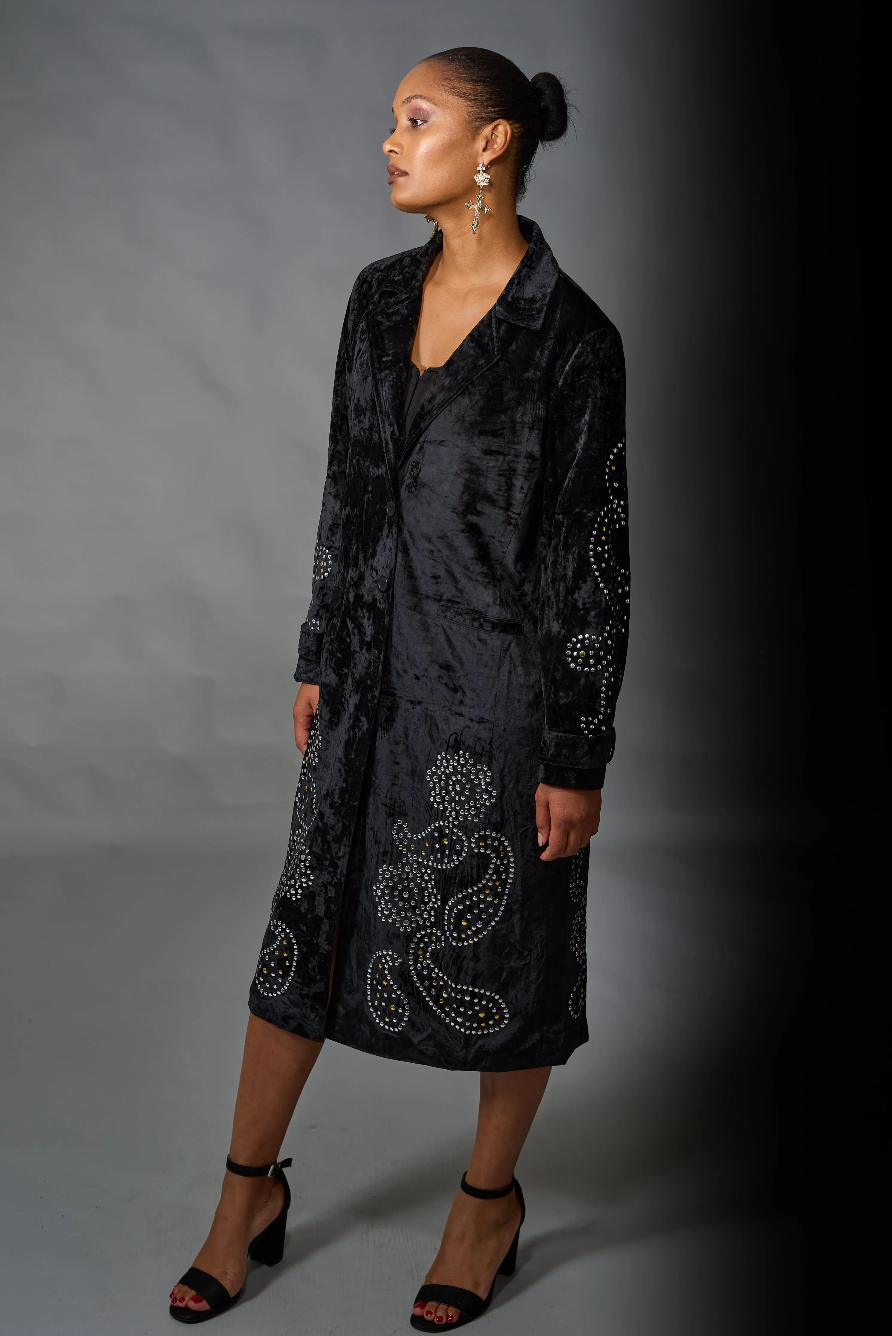 Adore, Velvet, Long Duster with Stud Detail in Black