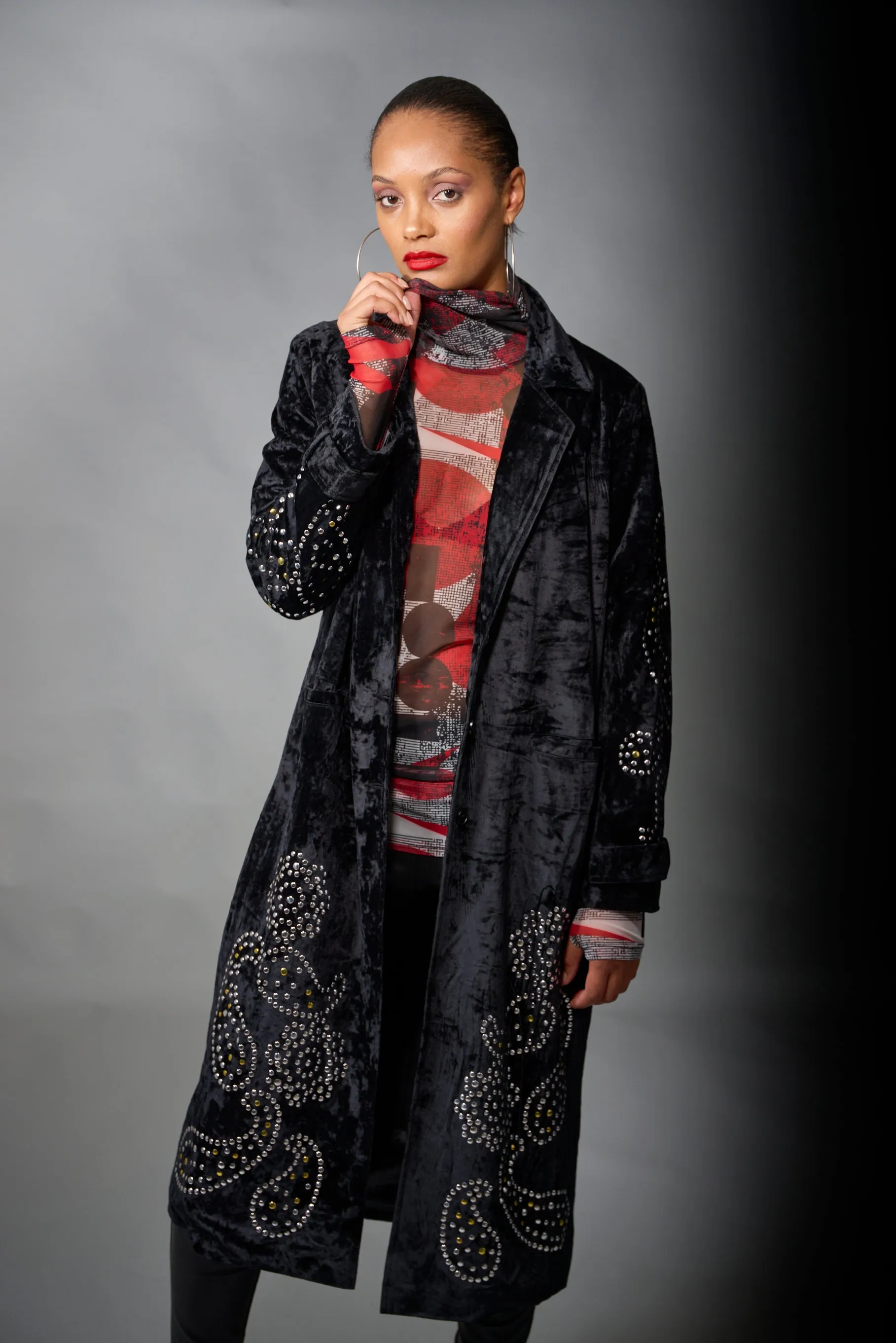 Adore, Velvet, Long Duster with Stud Detail in Black