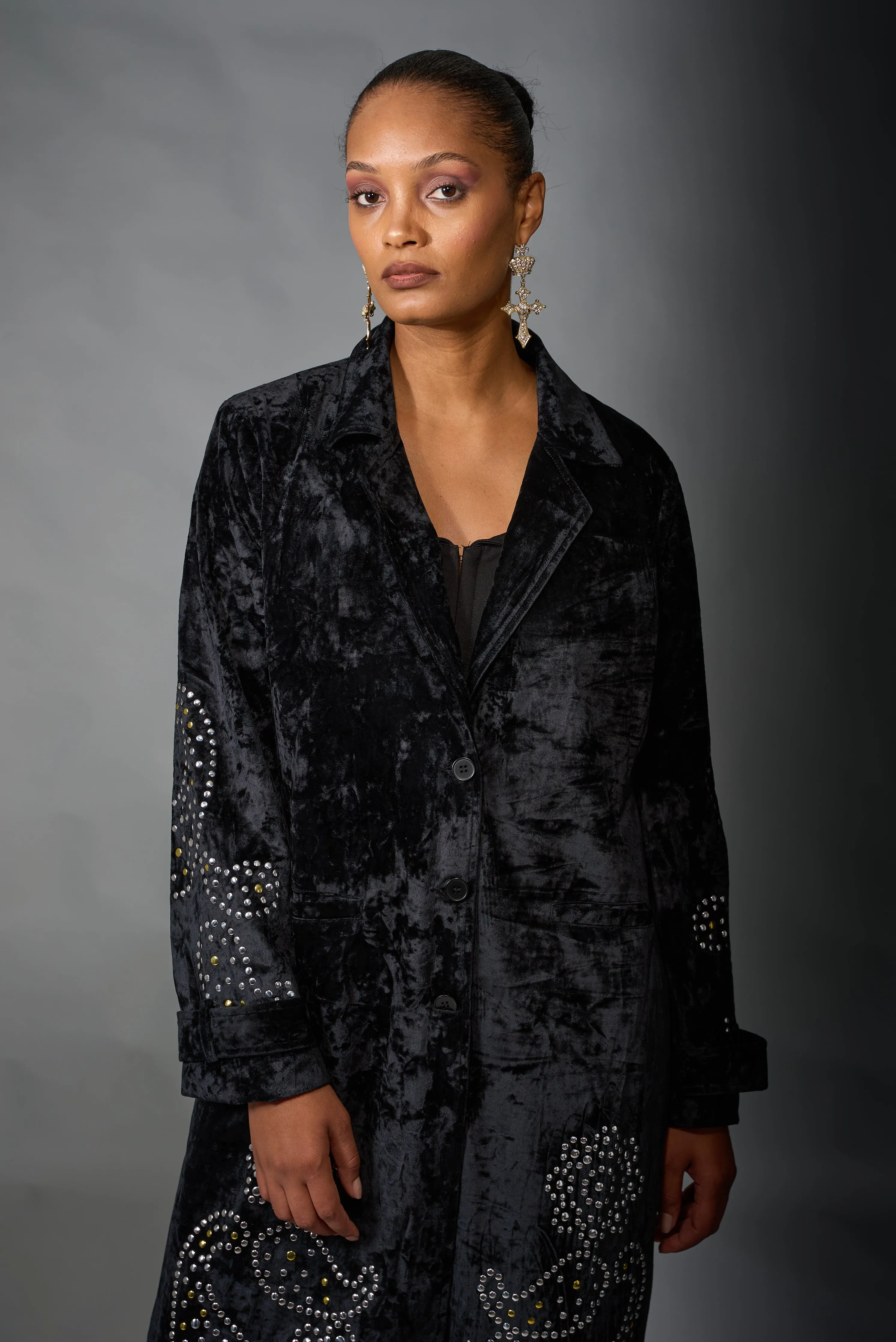 Adore, Velvet, Long Duster with Stud Detail in Black