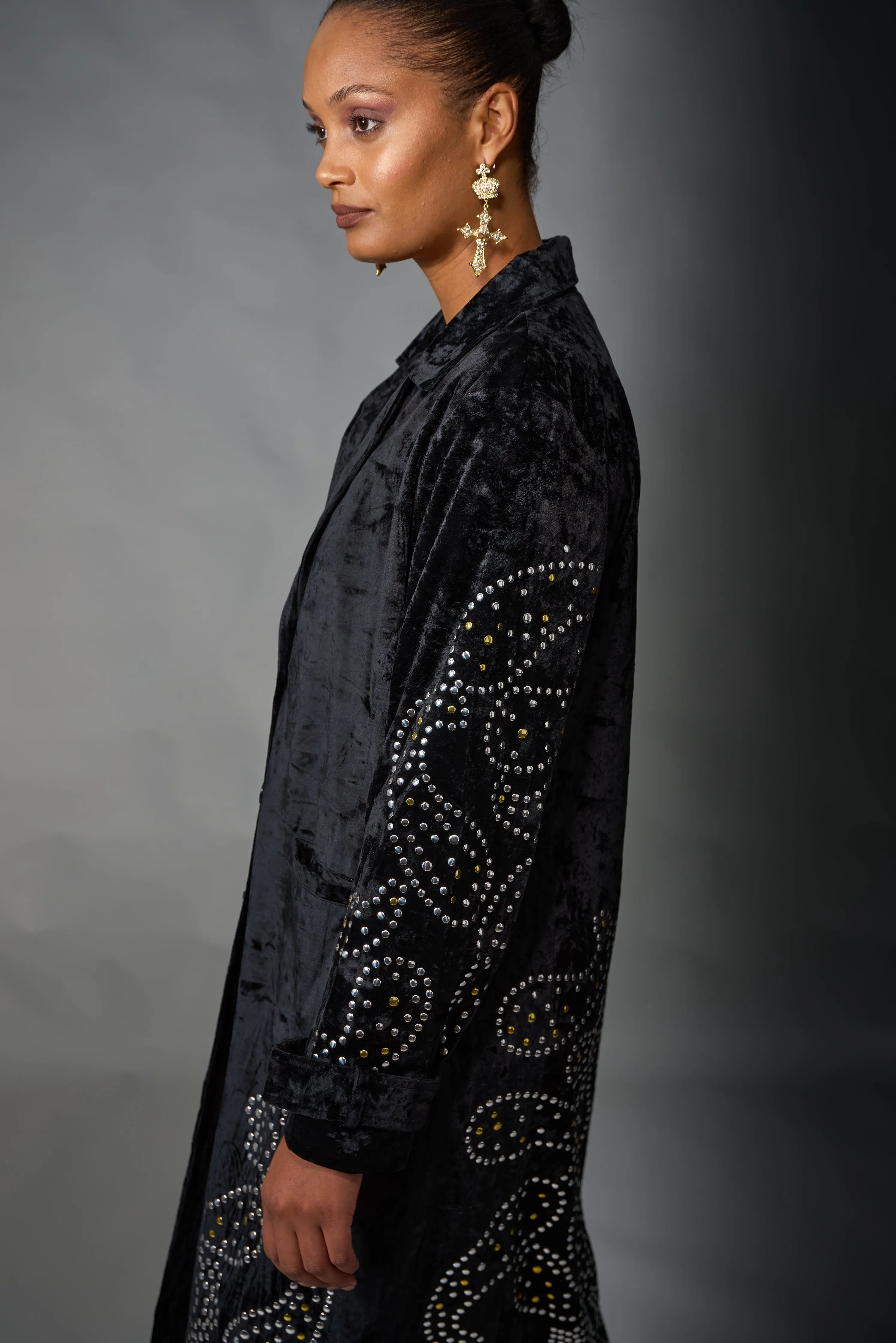 Adore, Velvet, Long Duster with Stud Detail in Black