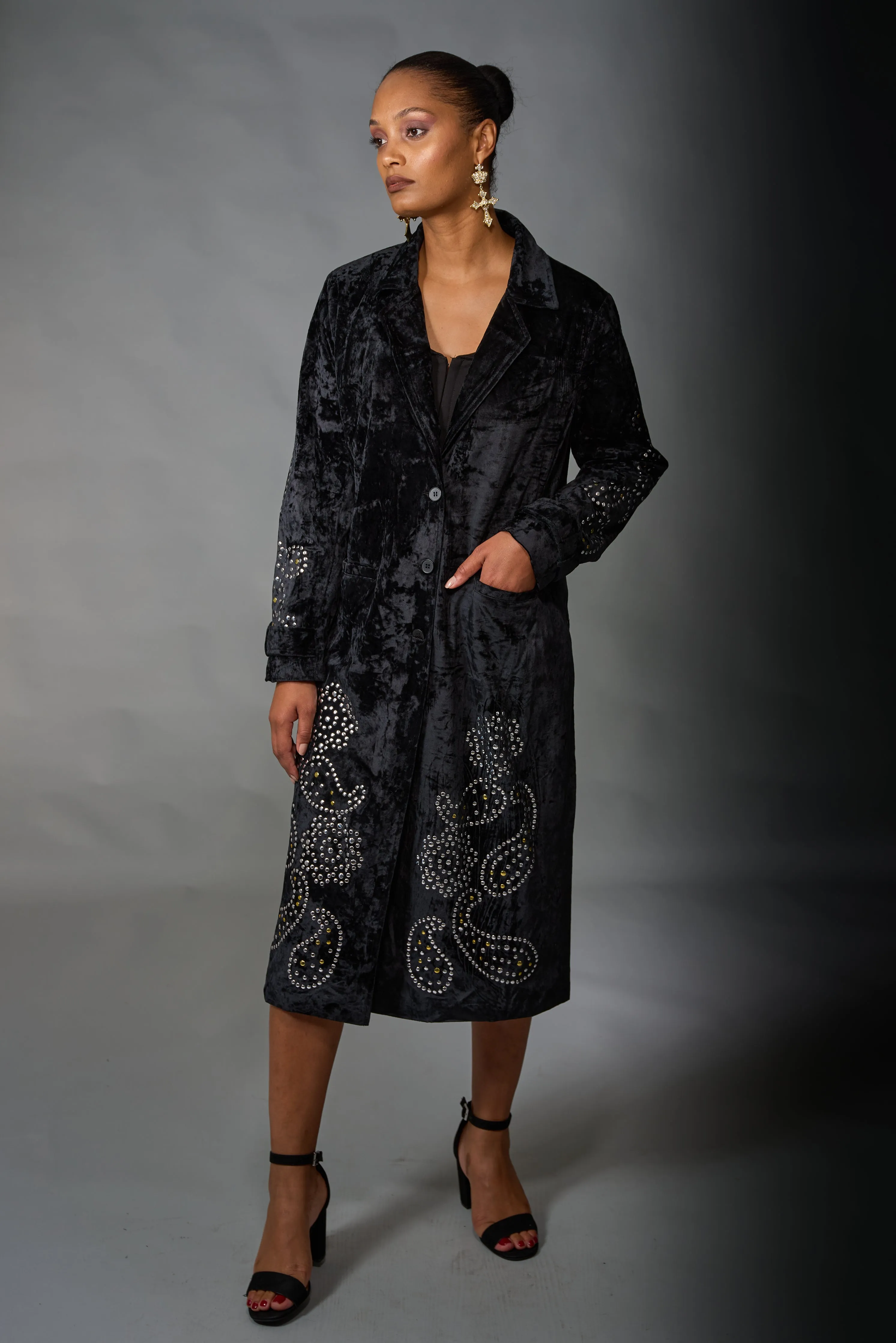 Adore, Velvet, Long Duster with Stud Detail in Black