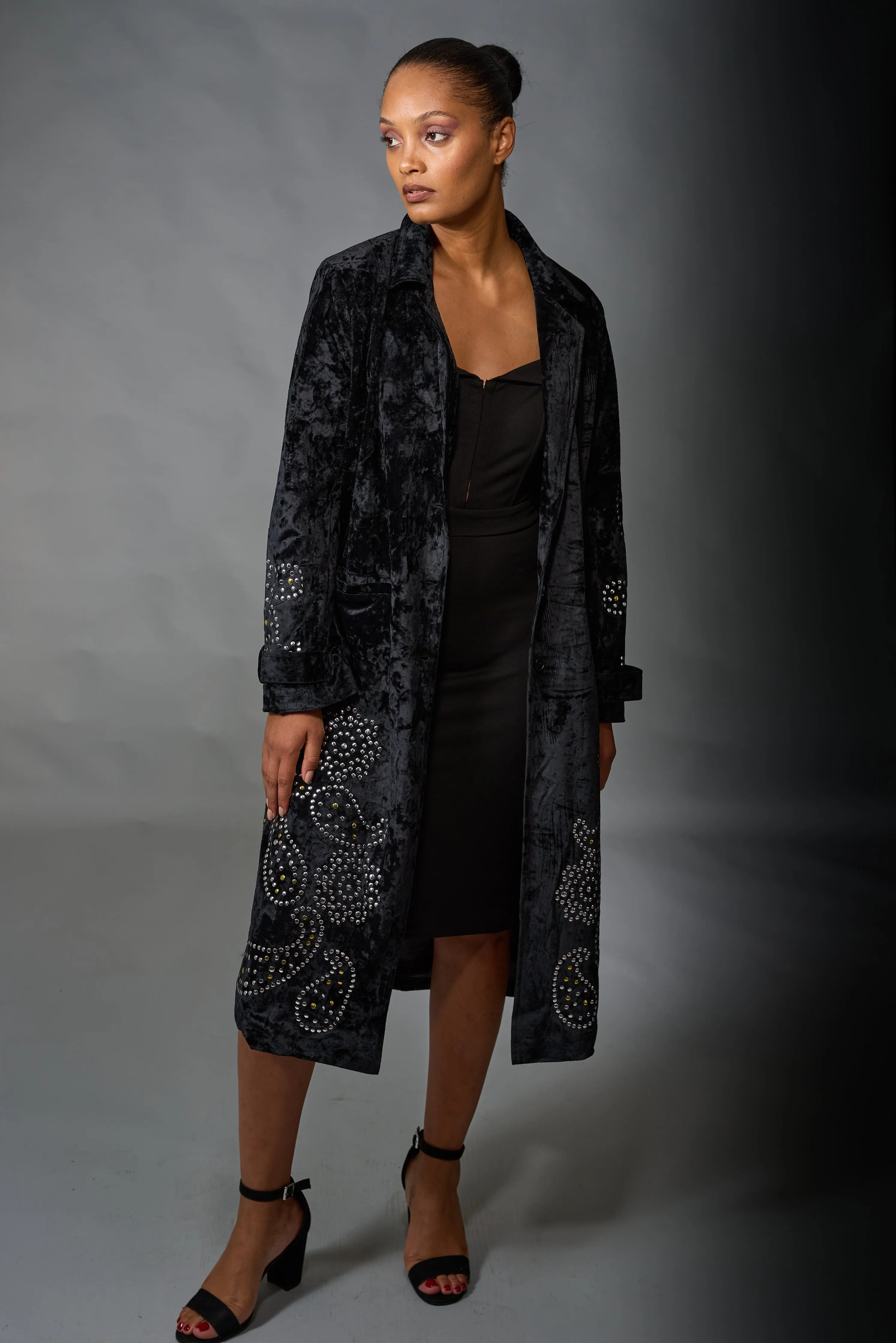 Adore, Velvet, Long Duster with Stud Detail in Black