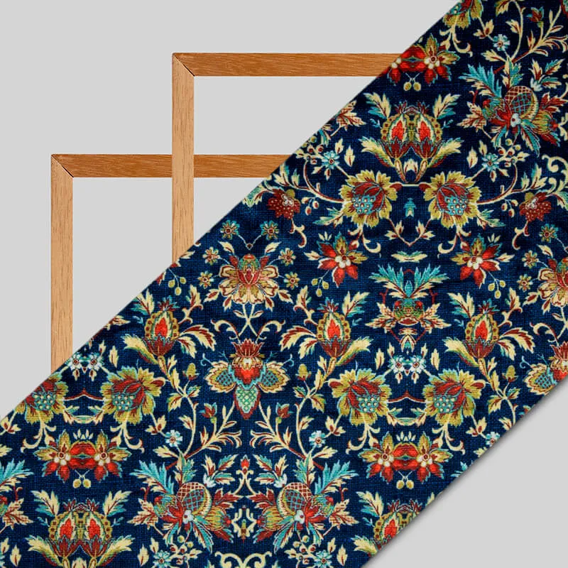 Aegean Blue Leaf Pattern Digital Print Velvet Fabric (Width 58 inches)