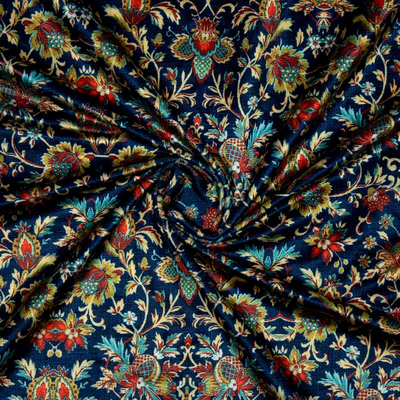 Aegean Blue Leaf Pattern Digital Print Velvet Fabric (Width 58 inches)