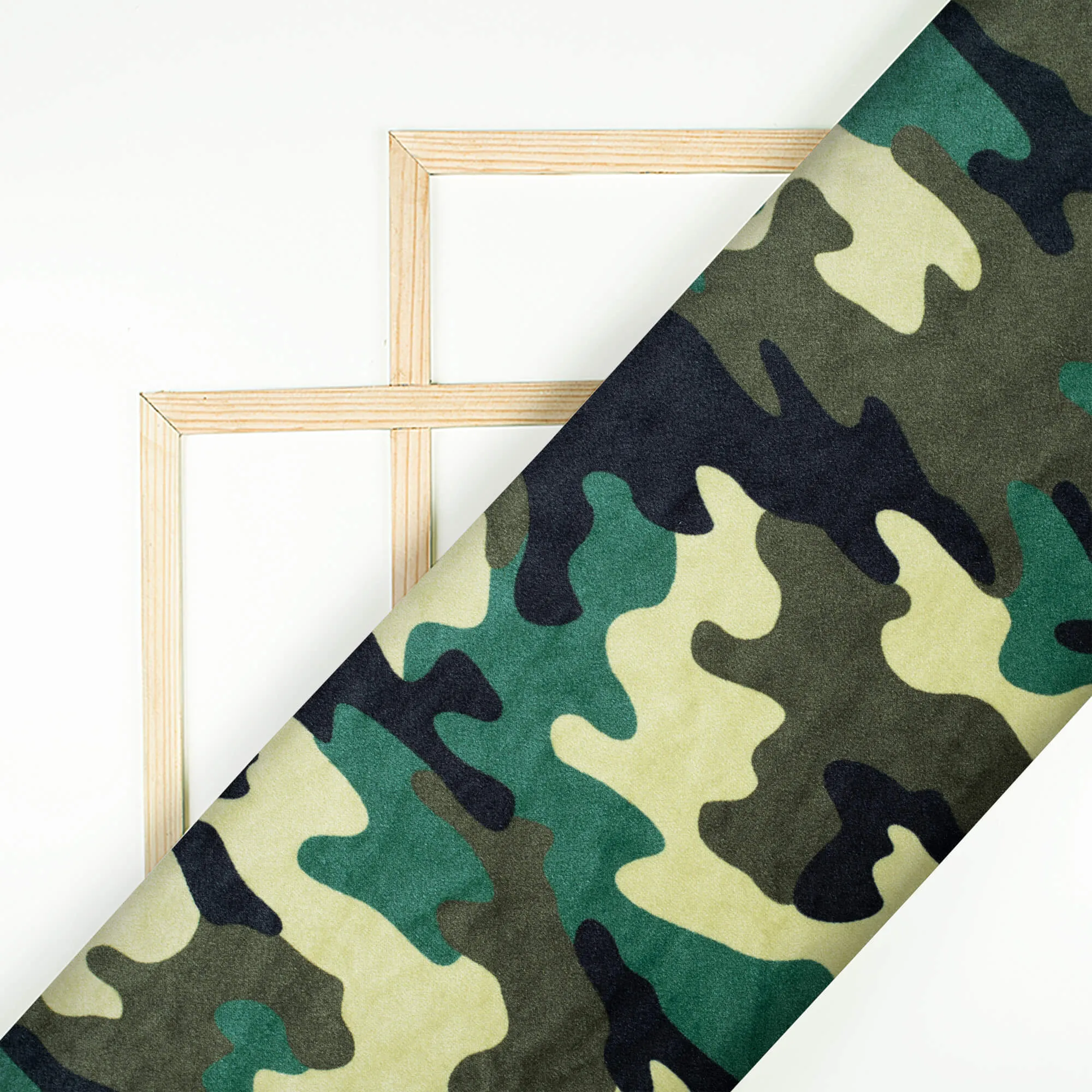 Army Green And Black Camouflage Digital Print Velvet Fabric (Width 58 Inches)