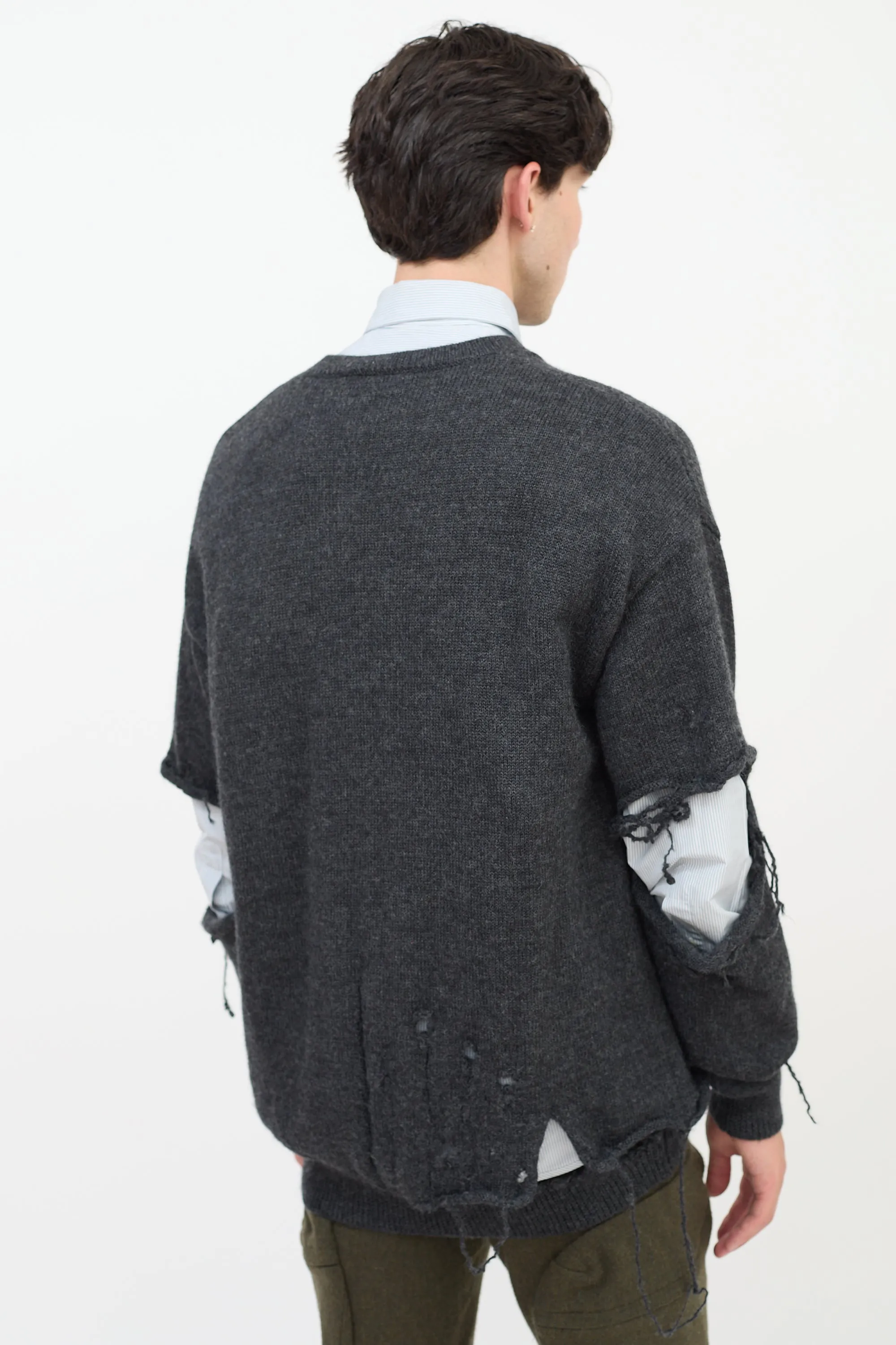 Dark Grey Wool Embroidered Distressed Sweater
