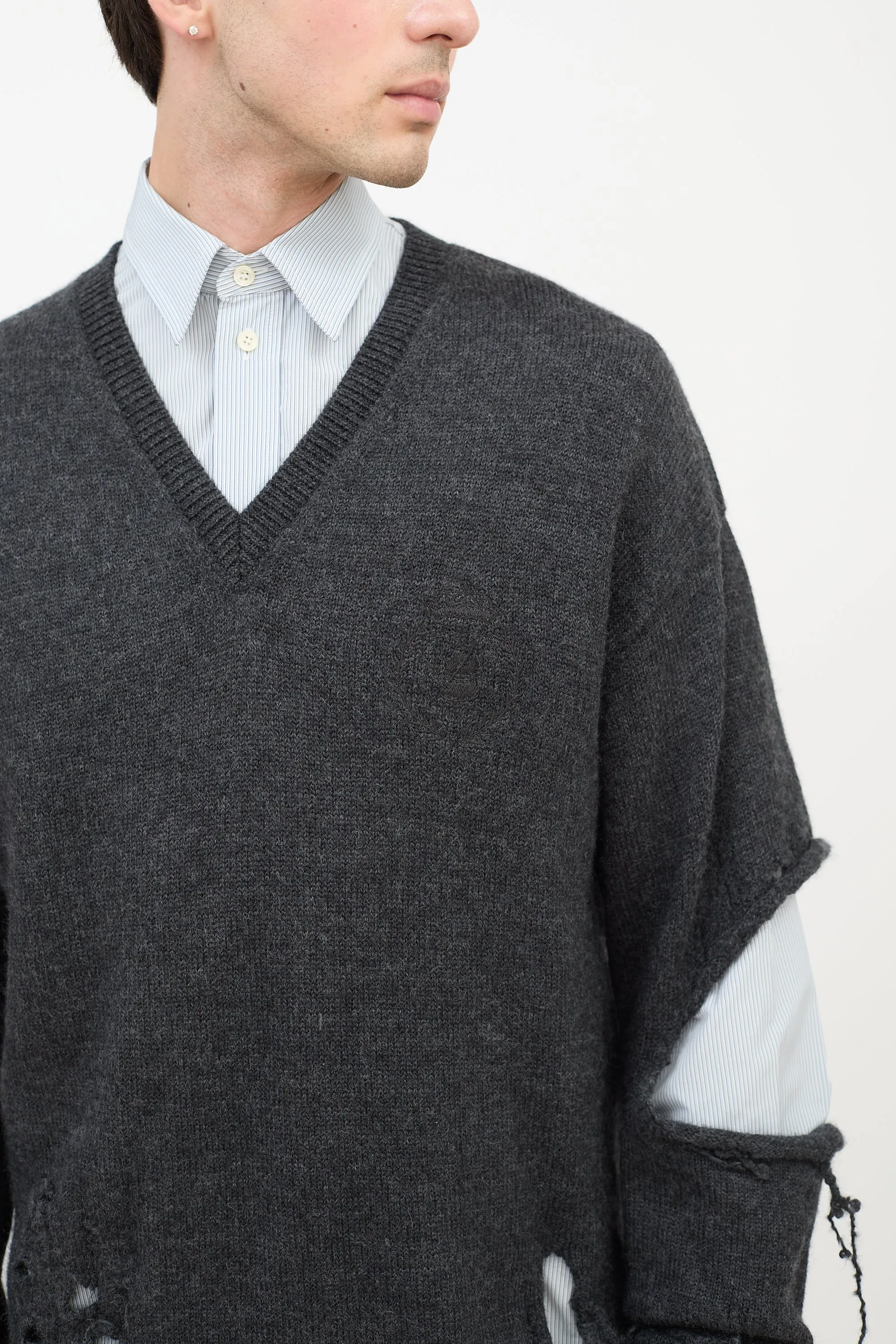 Dark Grey Wool Embroidered Distressed Sweater