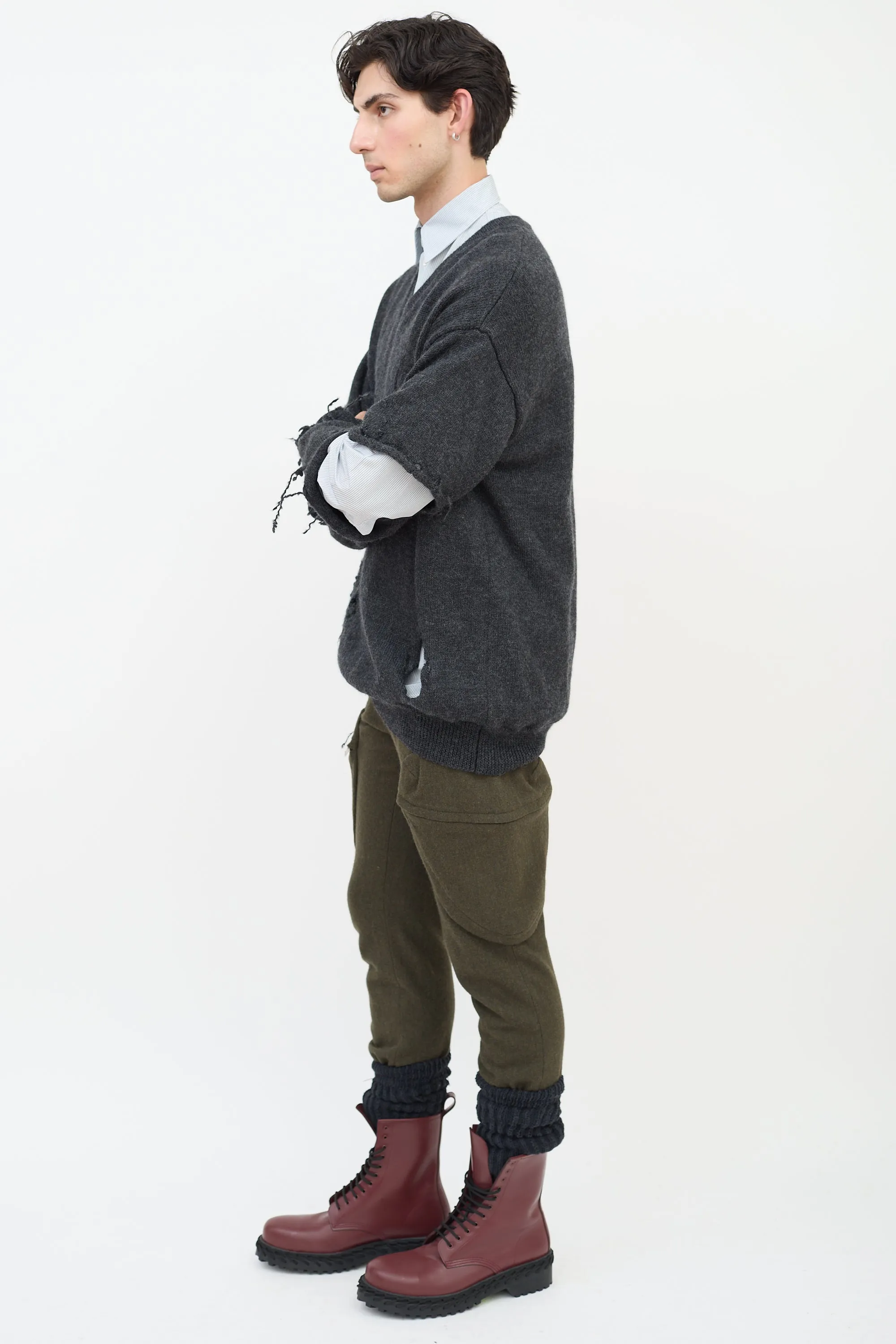 Dark Grey Wool Embroidered Distressed Sweater