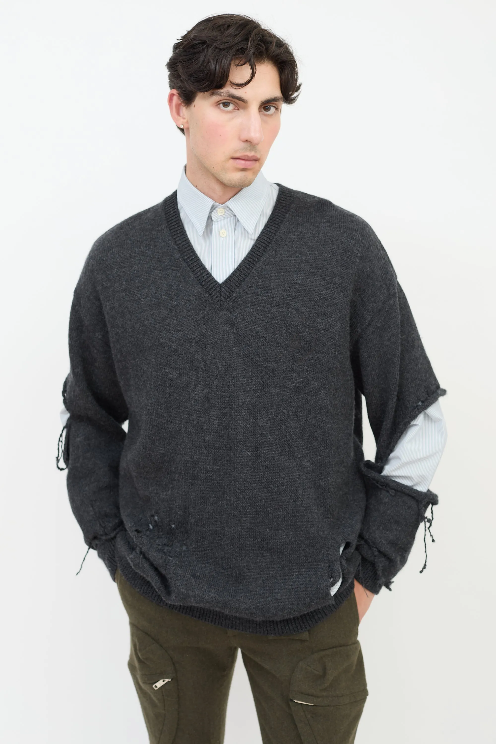 Dark Grey Wool Embroidered Distressed Sweater