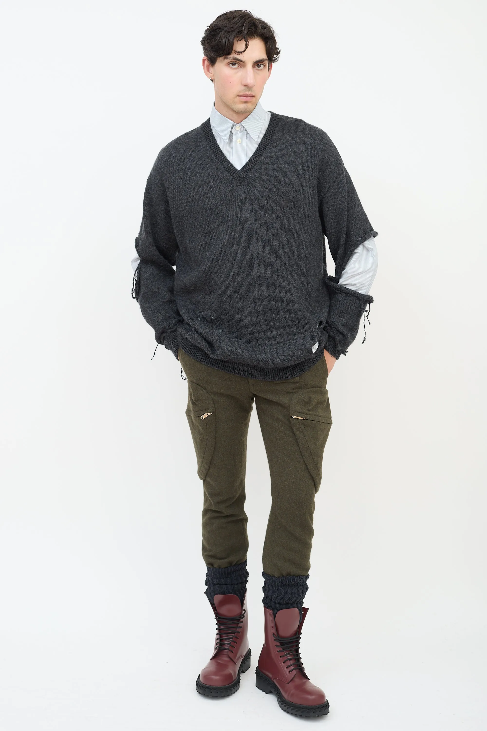 Dark Grey Wool Embroidered Distressed Sweater