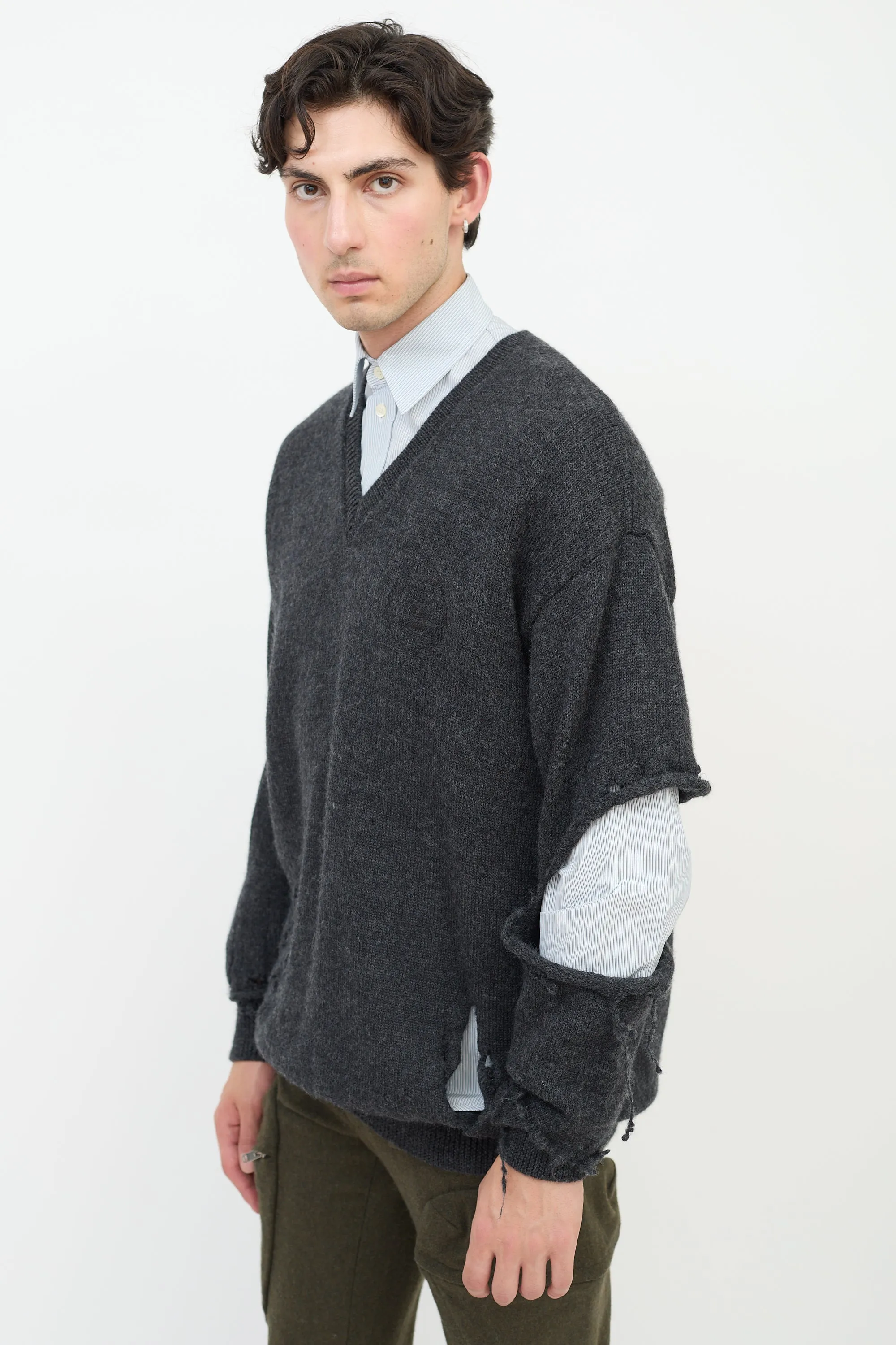 Dark Grey Wool Embroidered Distressed Sweater