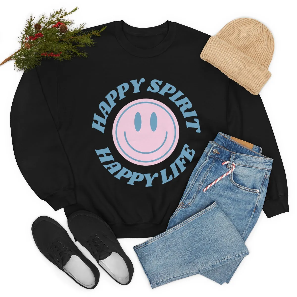 Happy Spirit Happy Life Sweatshirt, VSCO Girl Crewneck, Oversized Retro Font Graphic Tumblr, Front Print Smile Face Trendy Cover Up Top