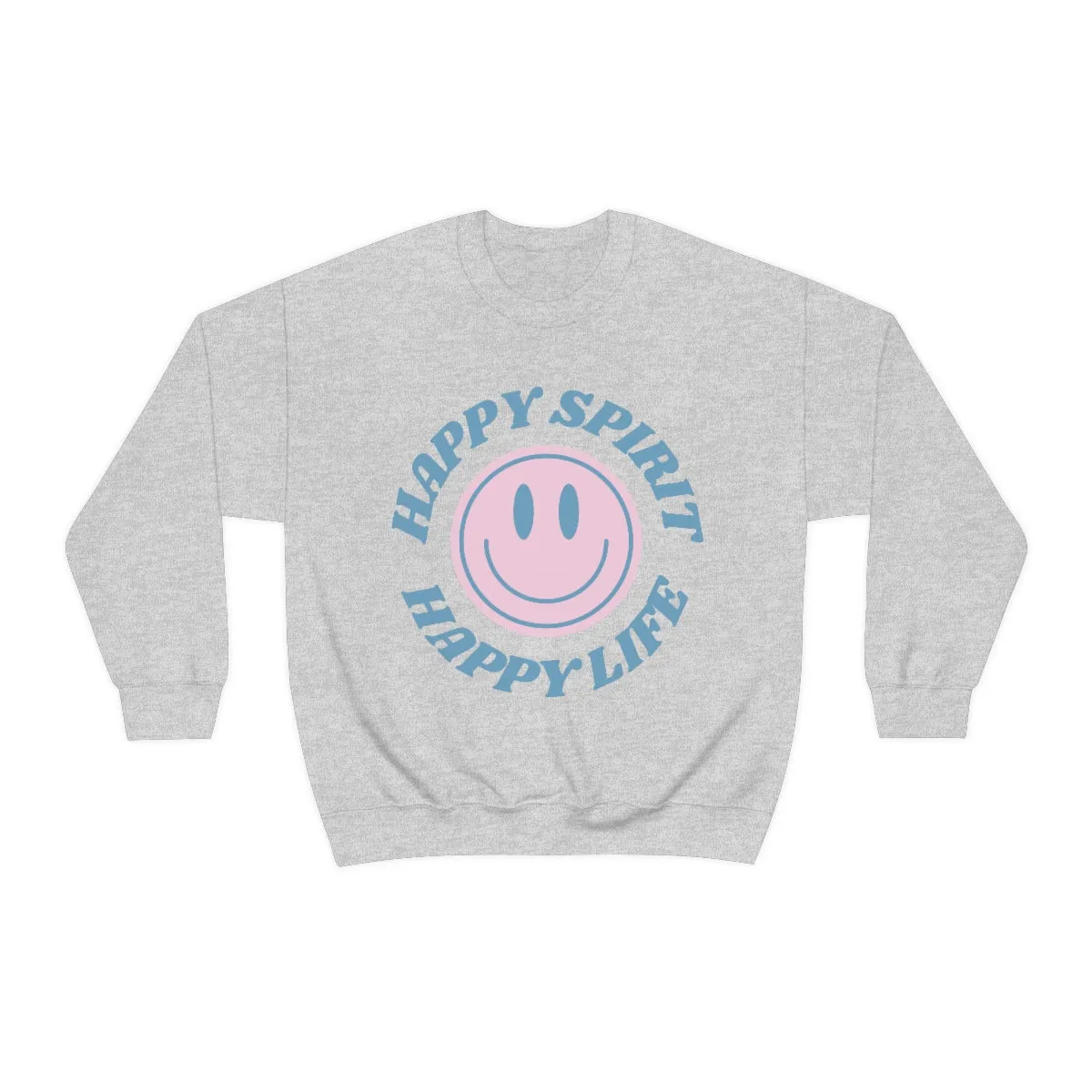 Happy Spirit Happy Life Sweatshirt, VSCO Girl Crewneck, Oversized Retro Font Graphic Tumblr, Front Print Smile Face Trendy Cover Up Top