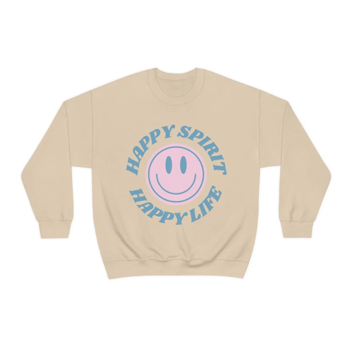 Happy Spirit Happy Life Sweatshirt, VSCO Girl Crewneck, Oversized Retro Font Graphic Tumblr, Front Print Smile Face Trendy Cover Up Top