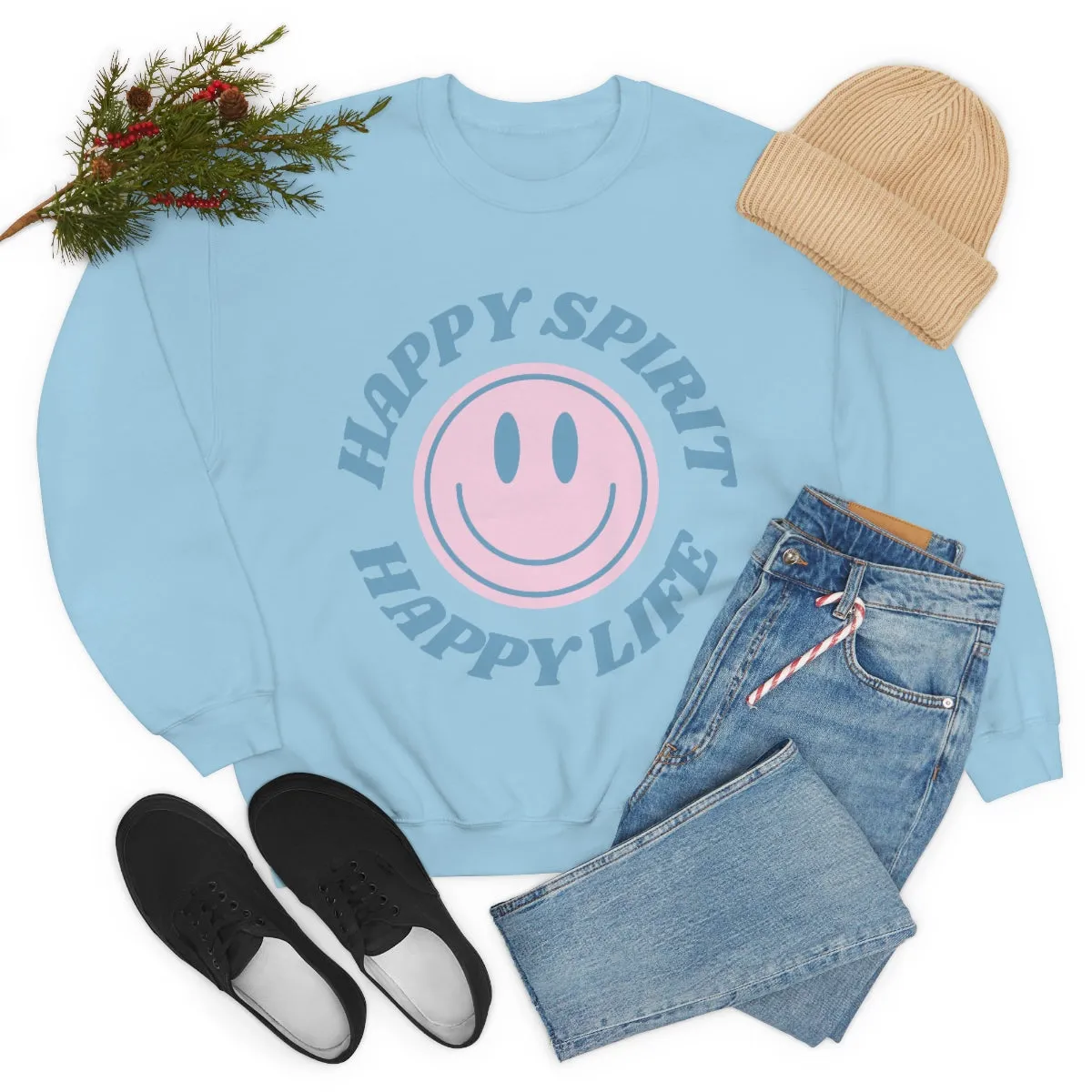 Happy Spirit Happy Life Sweatshirt, VSCO Girl Crewneck, Oversized Retro Font Graphic Tumblr, Front Print Smile Face Trendy Cover Up Top
