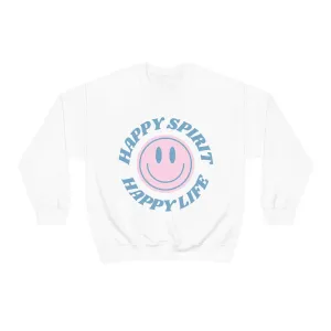 Happy Spirit Happy Life Sweatshirt, VSCO Girl Crewneck, Oversized Retro Font Graphic Tumblr, Front Print Smile Face Trendy Cover Up Top