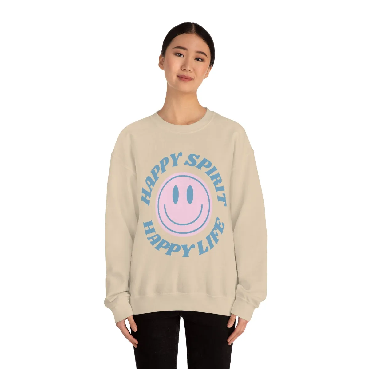 Happy Spirit Happy Life Sweatshirt, VSCO Girl Crewneck, Oversized Retro Font Graphic Tumblr, Front Print Smile Face Trendy Cover Up Top