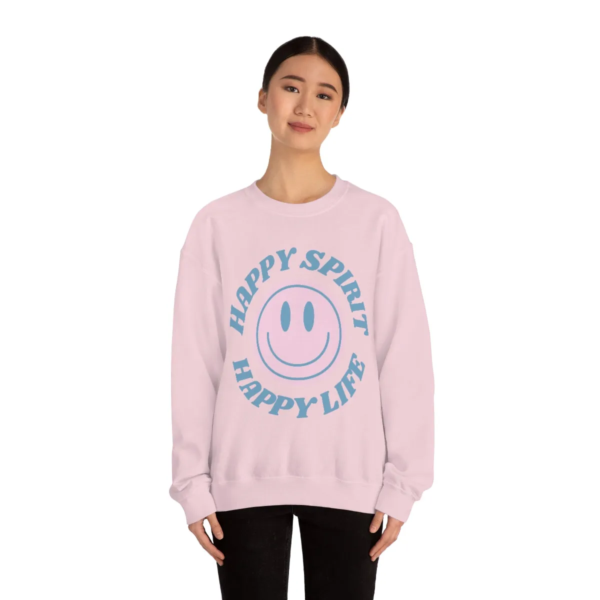 Happy Spirit Happy Life Sweatshirt, VSCO Girl Crewneck, Oversized Retro Font Graphic Tumblr, Front Print Smile Face Trendy Cover Up Top