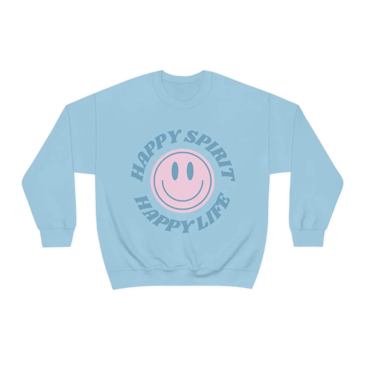 Happy Spirit Happy Life Sweatshirt, VSCO Girl Crewneck, Oversized Retro Font Graphic Tumblr, Front Print Smile Face Trendy Cover Up Top