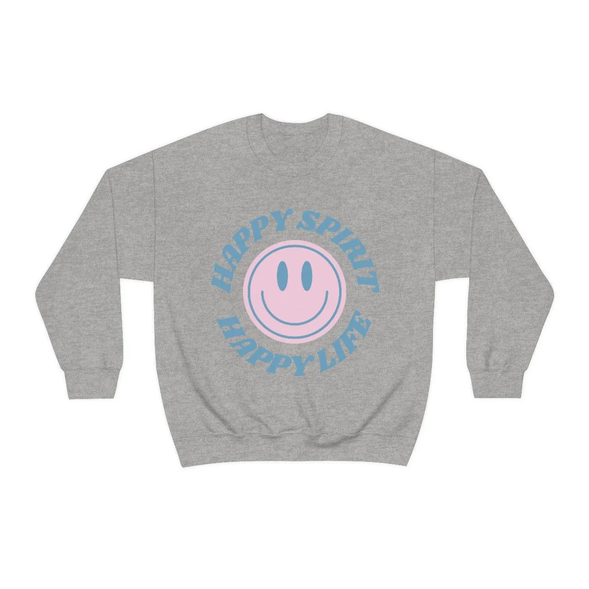 Happy Spirit Happy Life Sweatshirt, VSCO Girl Crewneck, Oversized Retro Font Graphic Tumblr, Front Print Smile Face Trendy Cover Up Top
