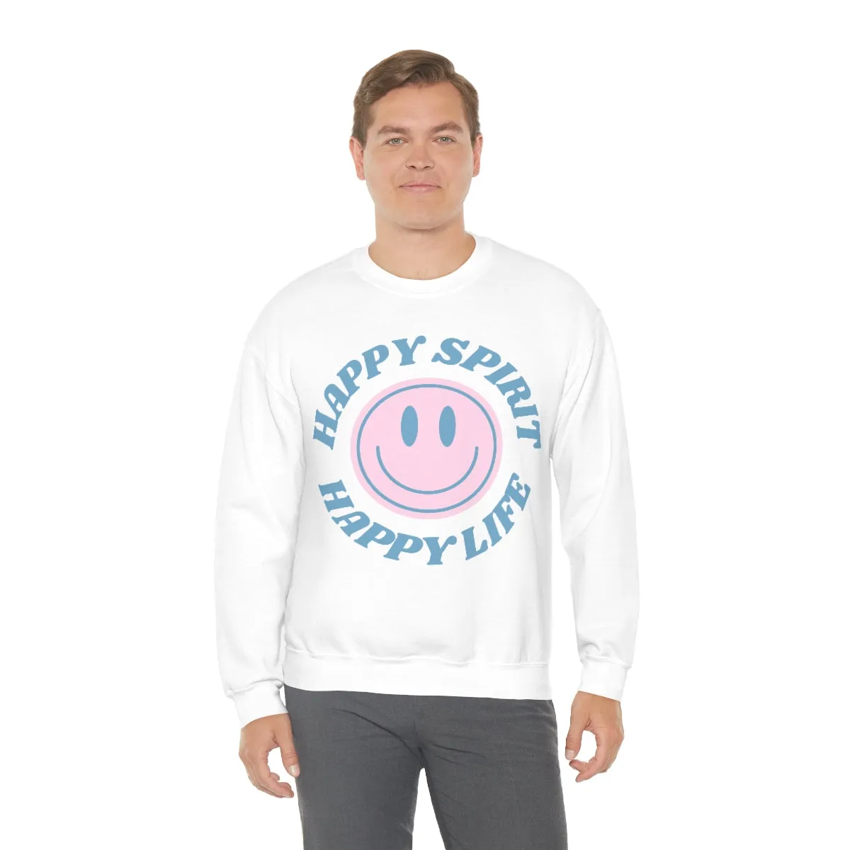Happy Spirit Happy Life Sweatshirt, VSCO Girl Crewneck, Oversized Retro Font Graphic Tumblr, Front Print Smile Face Trendy Cover Up Top