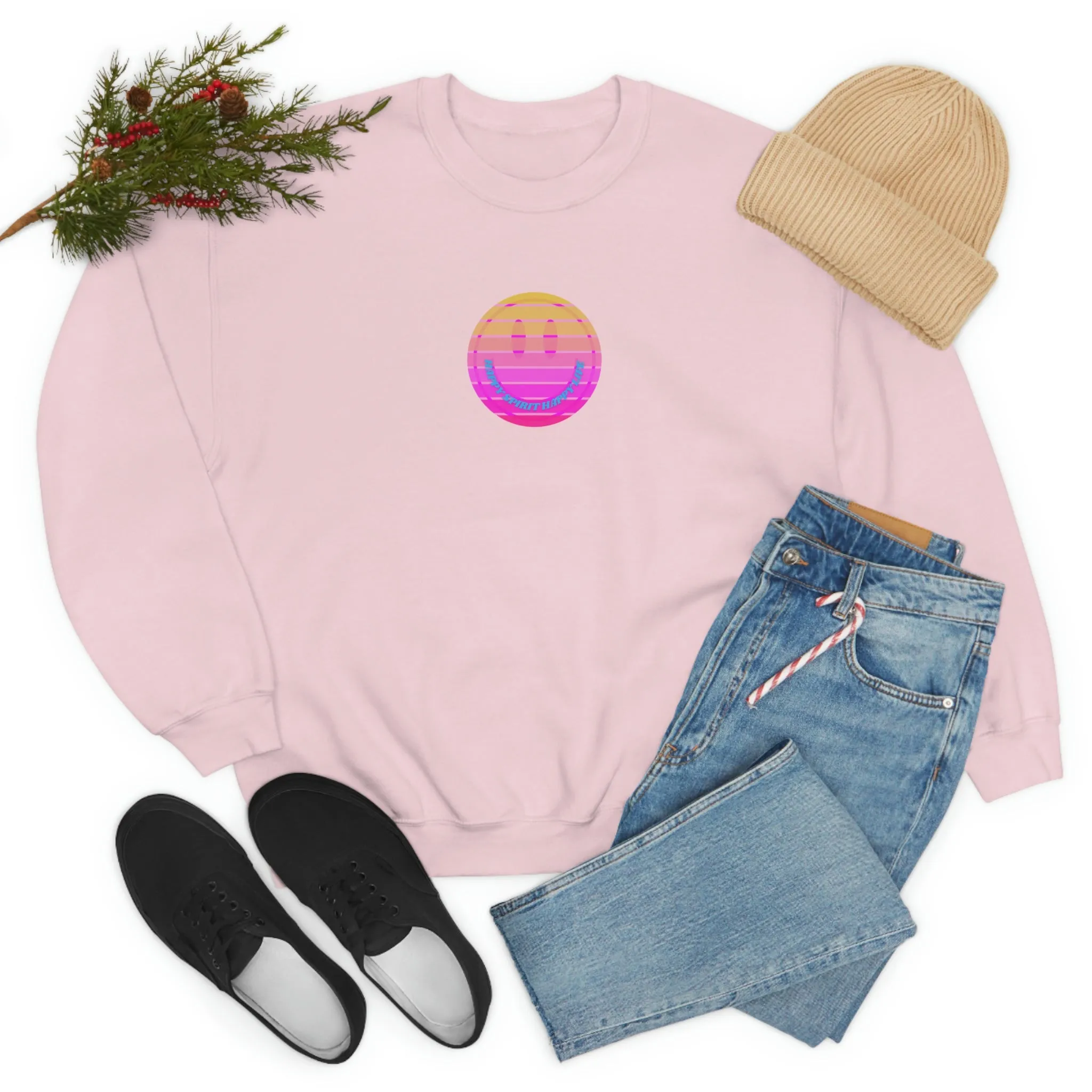 Happy Spirit Happy Life Sweatshirt, VSCO Girl Crewneck, Oversized Retro Font Graphic Tumblr, Front Print Smile Face Trendy Cover Up