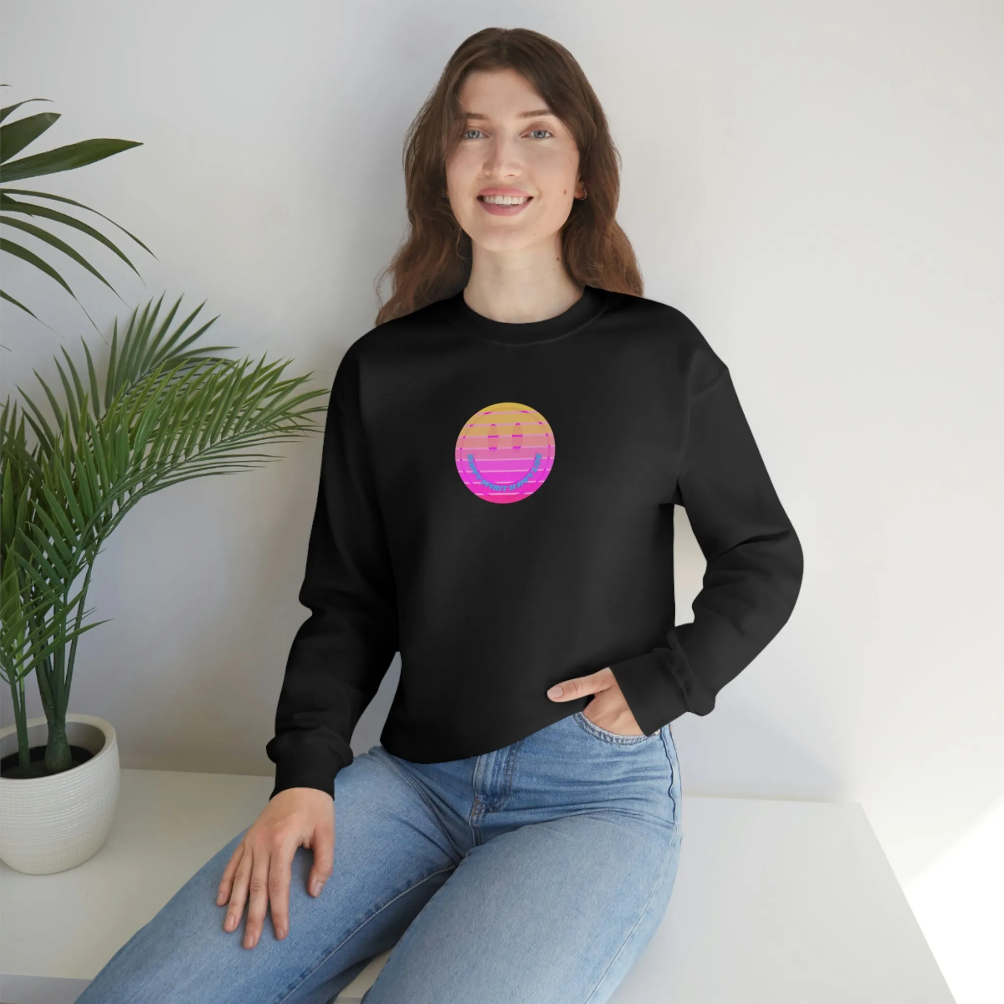 Happy Spirit Happy Life Sweatshirt, VSCO Girl Crewneck, Oversized Retro Font Graphic Tumblr, Front Print Smile Face Trendy Cover Up