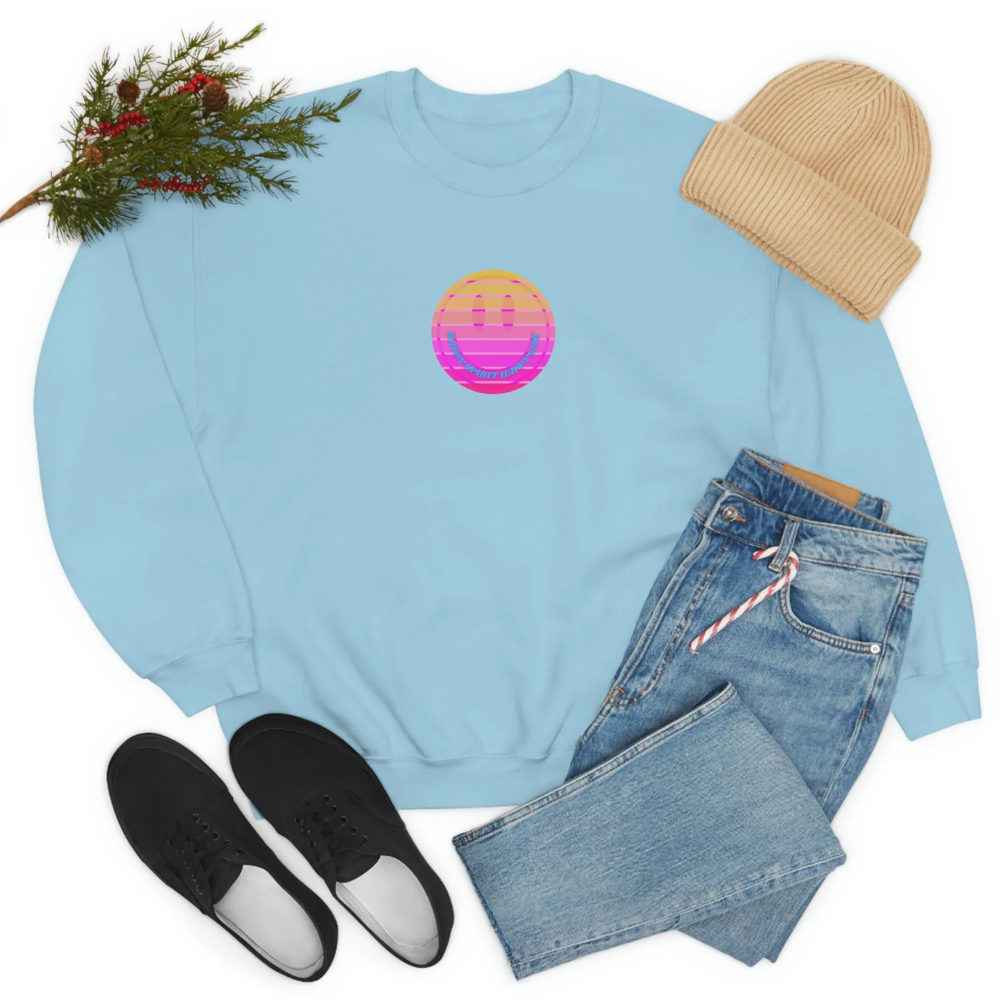 Happy Spirit Happy Life Sweatshirt, VSCO Girl Crewneck, Oversized Retro Font Graphic Tumblr, Front Print Smile Face Trendy Cover Up