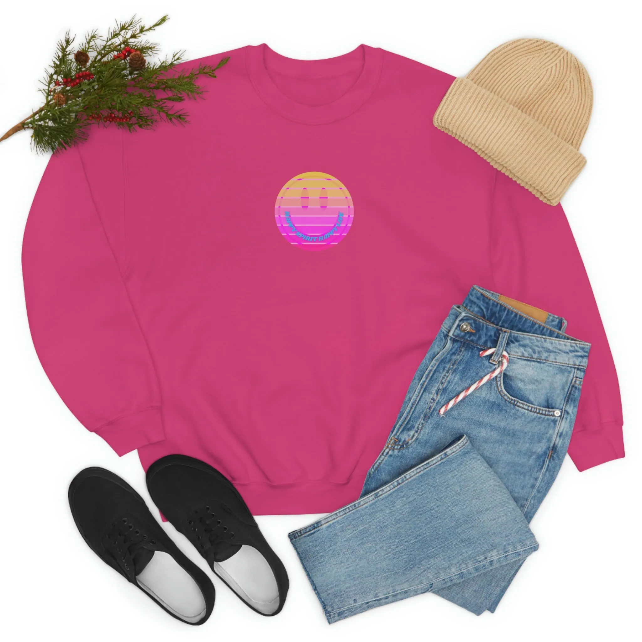 Happy Spirit Happy Life Sweatshirt, VSCO Girl Crewneck, Oversized Retro Font Graphic Tumblr, Front Print Smile Face Trendy Cover Up