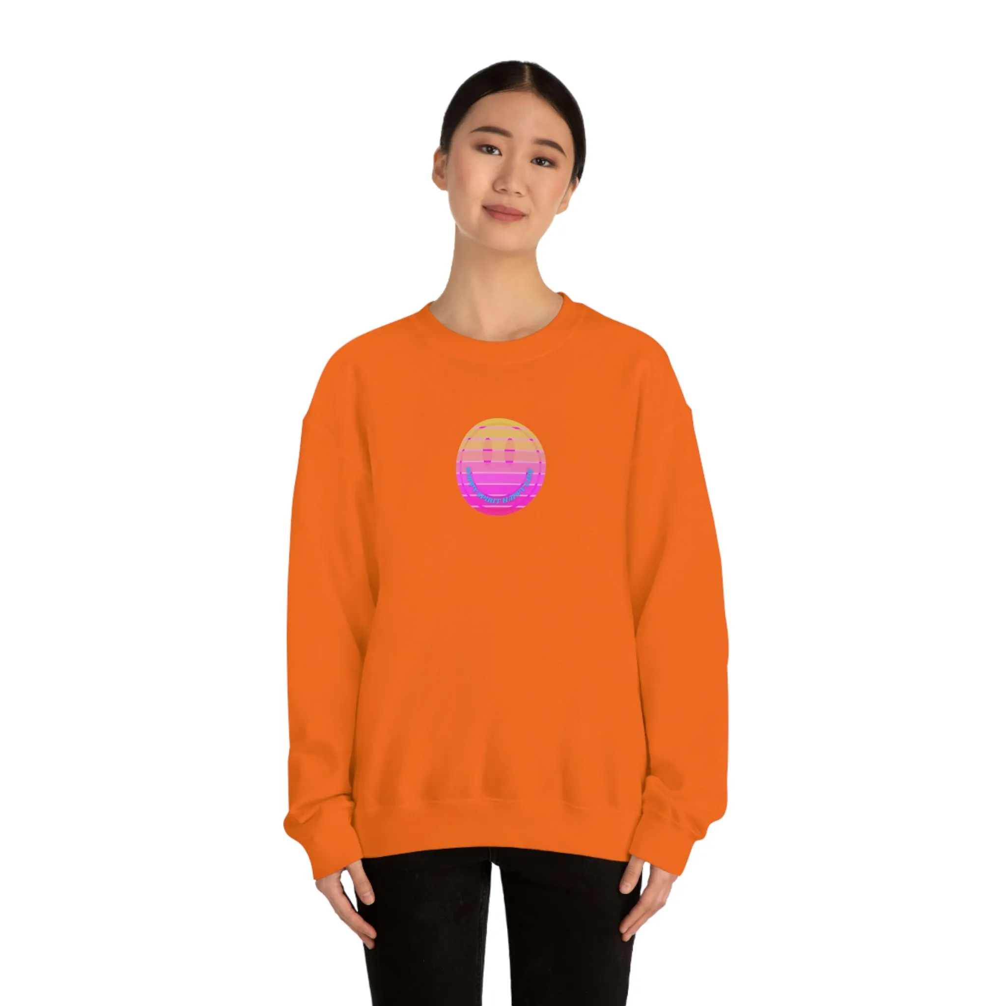 Happy Spirit Happy Life Sweatshirt, VSCO Girl Crewneck, Oversized Retro Font Graphic Tumblr, Front Print Smile Face Trendy Cover Up