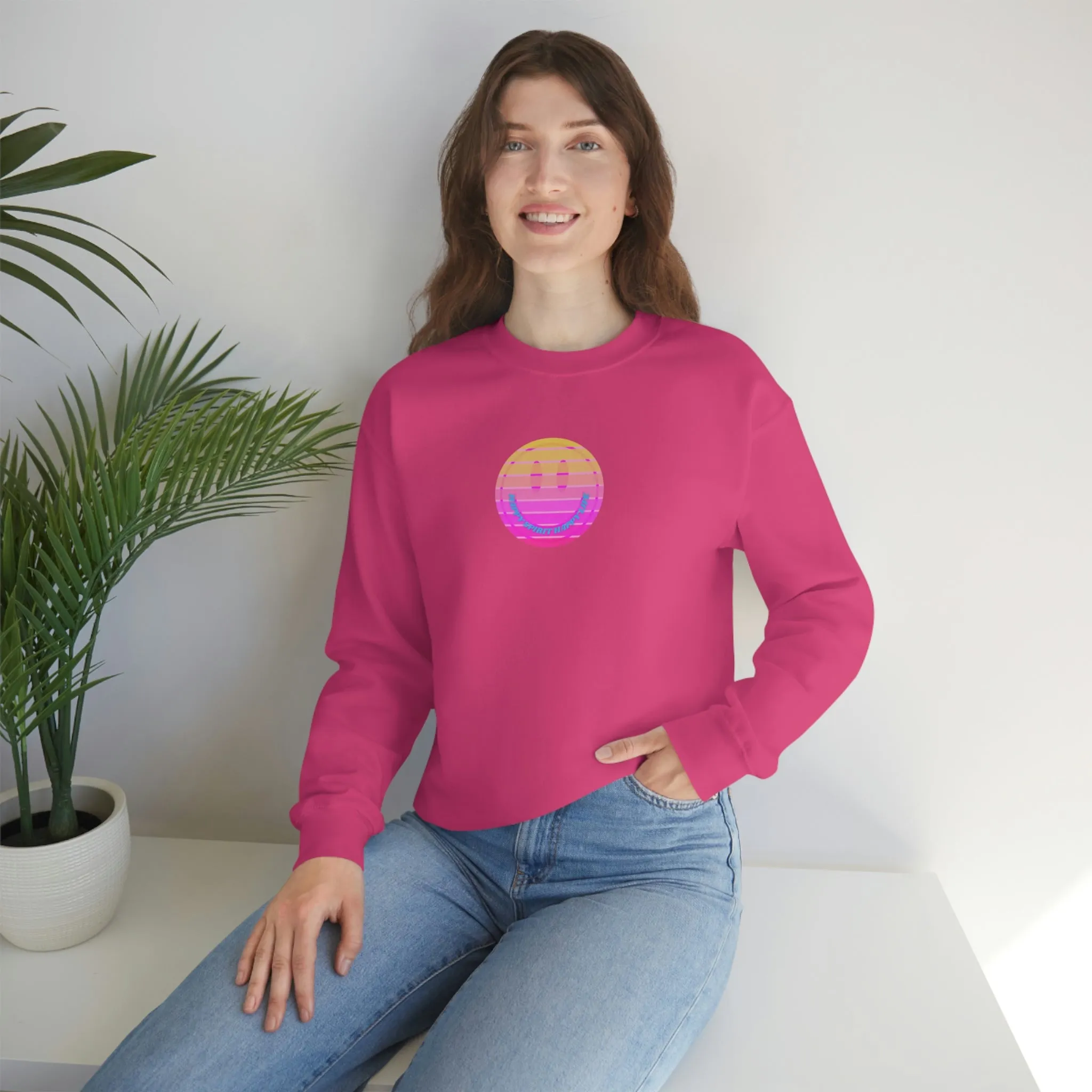Happy Spirit Happy Life Sweatshirt, VSCO Girl Crewneck, Oversized Retro Font Graphic Tumblr, Front Print Smile Face Trendy Cover Up