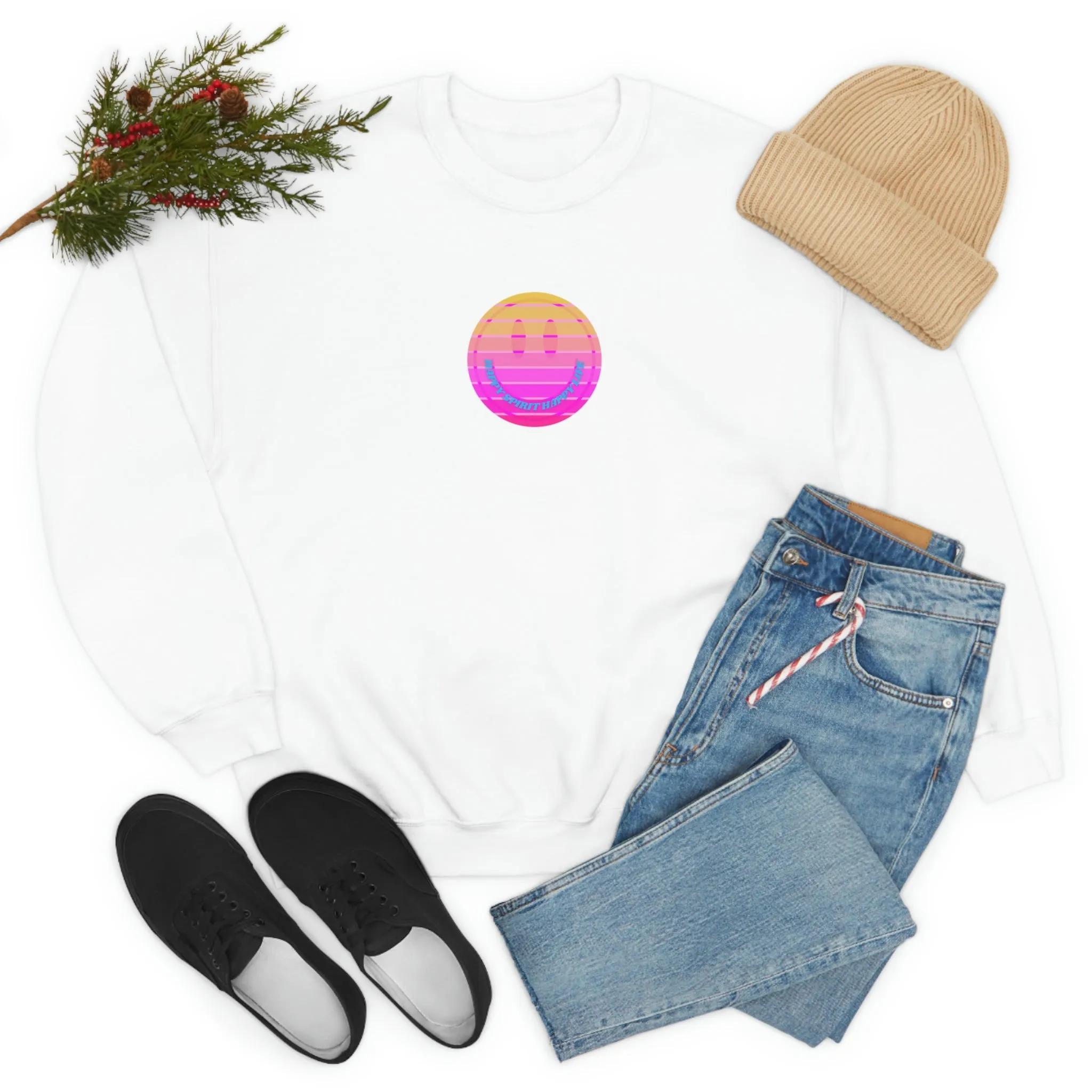 Happy Spirit Happy Life Sweatshirt, VSCO Girl Crewneck, Oversized Retro Font Graphic Tumblr, Front Print Smile Face Trendy Cover Up
