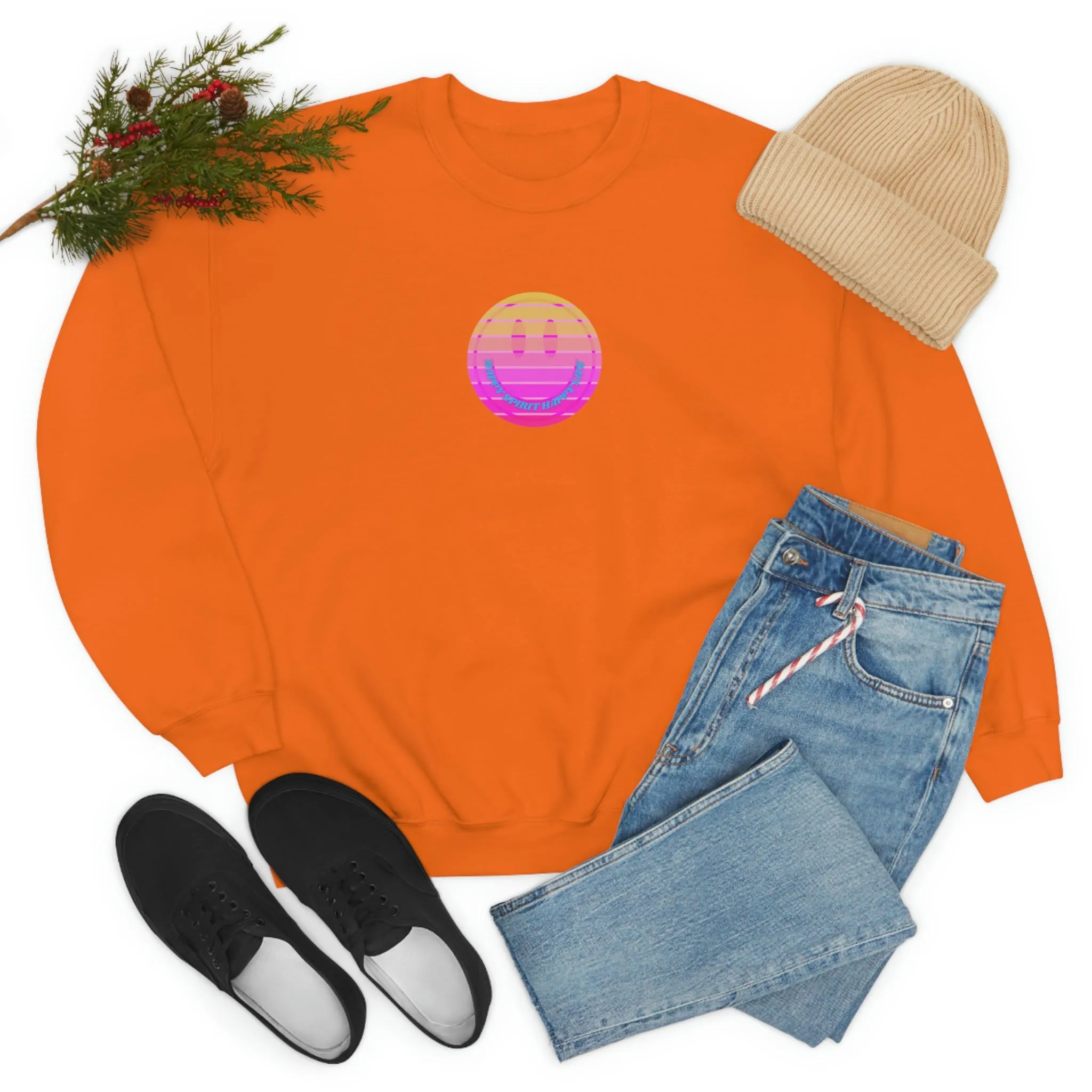 Happy Spirit Happy Life Sweatshirt, VSCO Girl Crewneck, Oversized Retro Font Graphic Tumblr, Front Print Smile Face Trendy Cover Up