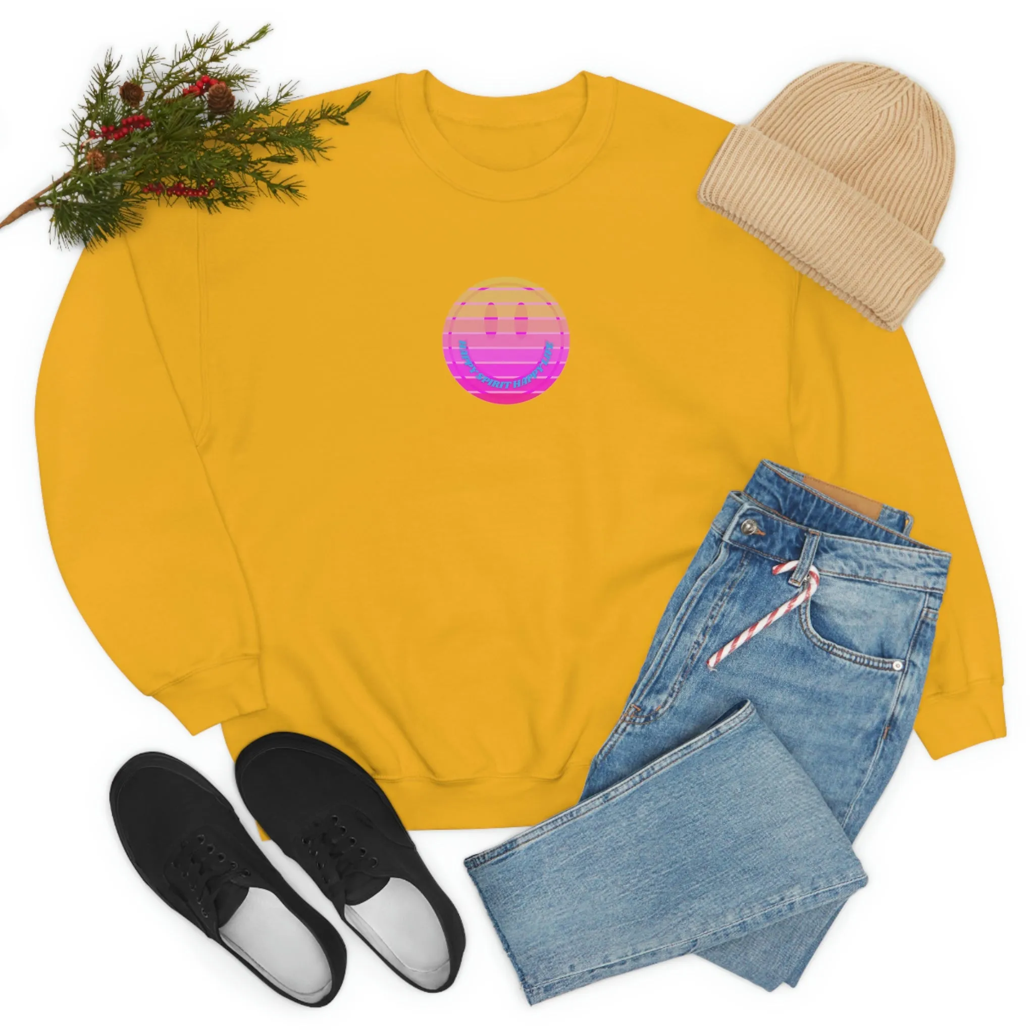 Happy Spirit Happy Life Sweatshirt, VSCO Girl Crewneck, Oversized Retro Font Graphic Tumblr, Front Print Smile Face Trendy Cover Up