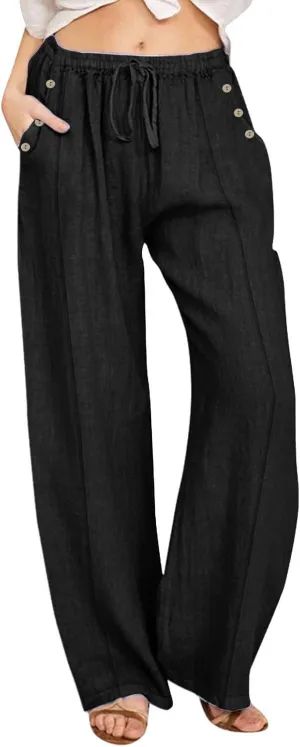 Linen Summer Pants for Women 2025 Trendy Casual High Waist Palazzo Drawstring Trousers Lounge Loose Pants