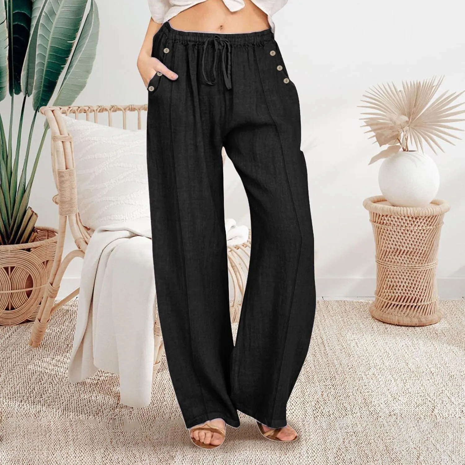 Linen Summer Pants for Women 2025 Trendy Casual High Waist Palazzo Drawstring Trousers Lounge Loose Pants