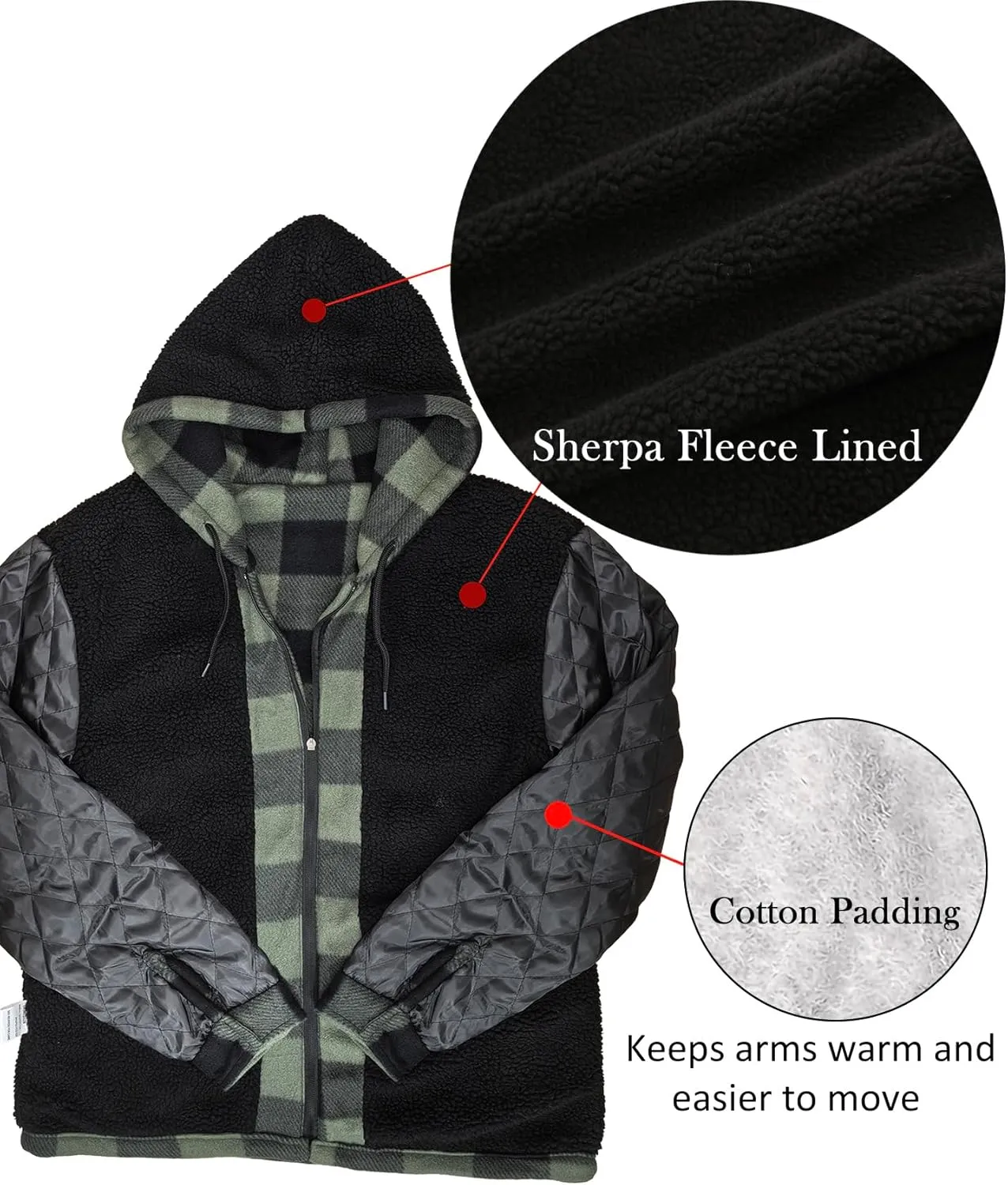 Men's Flannel Jacket Hoodie Full Zip Up Plaid Thick Fleece Sherpa Lined Sweatshirt Winter Warm Coats