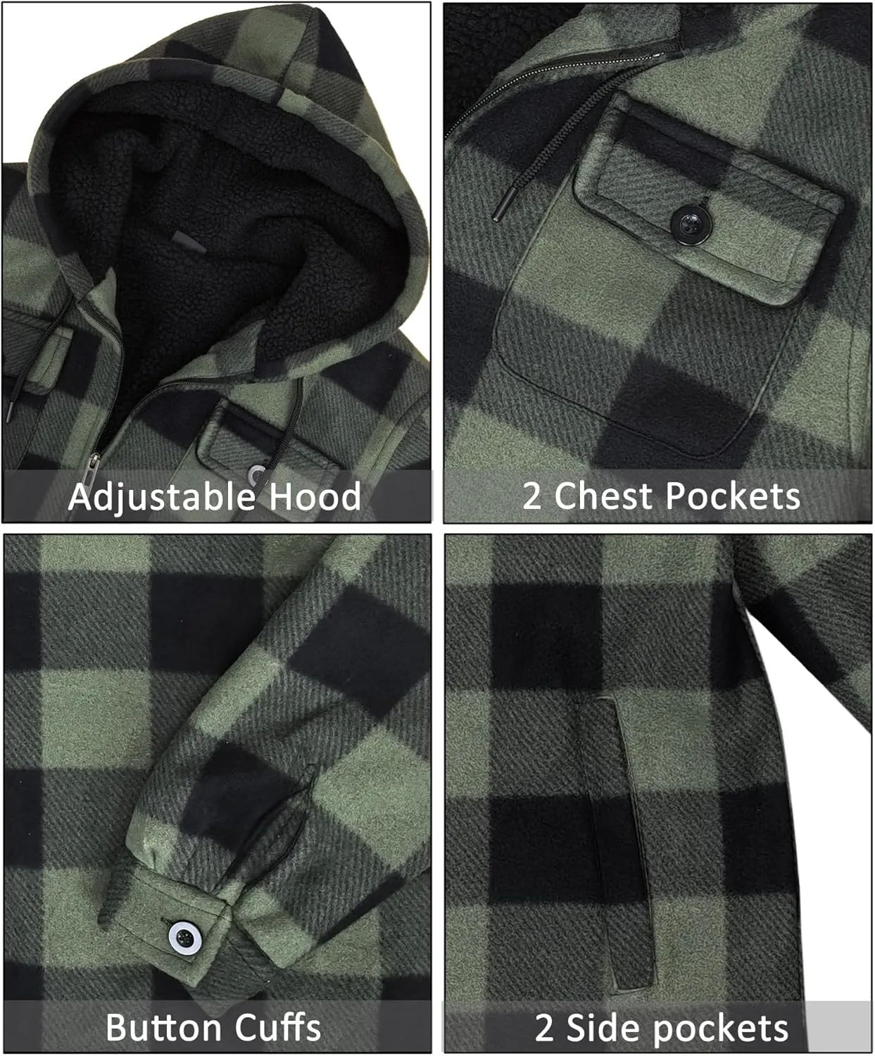 Men's Flannel Jacket Hoodie Full Zip Up Plaid Thick Fleece Sherpa Lined Sweatshirt Winter Warm Coats