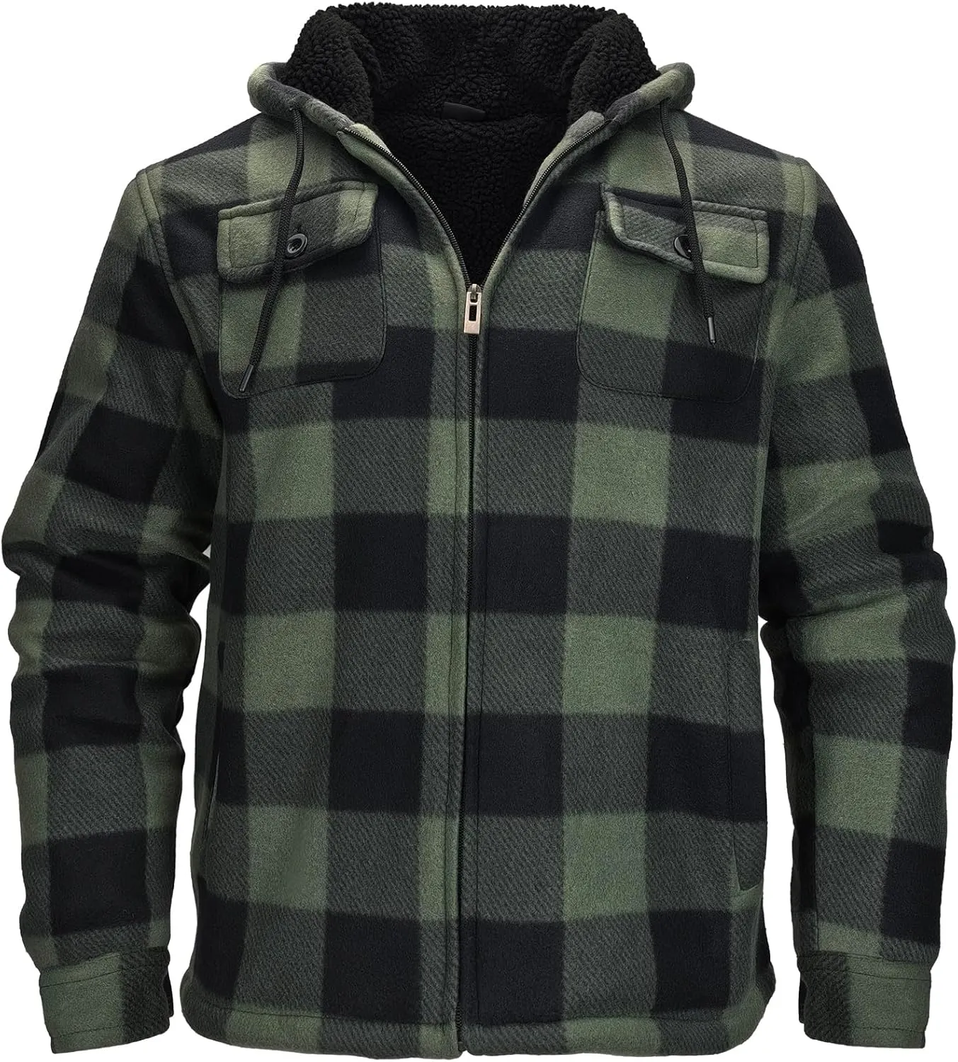Men's Flannel Jacket Hoodie Full Zip Up Plaid Thick Fleece Sherpa Lined Sweatshirt Winter Warm Coats