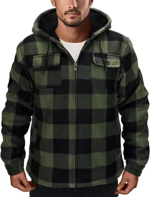 Men's Flannel Jacket Hoodie Full Zip Up Plaid Thick Fleece Sherpa Lined Sweatshirt Winter Warm Coats