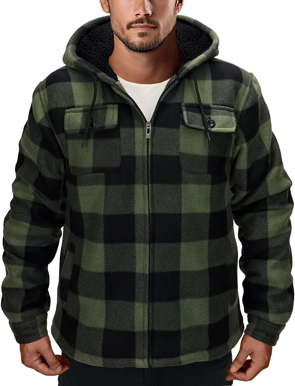 Men's Flannel Jacket Hoodie Full Zip Up Plaid Thick Fleece Sherpa Lined Sweatshirt Winter Warm Coats