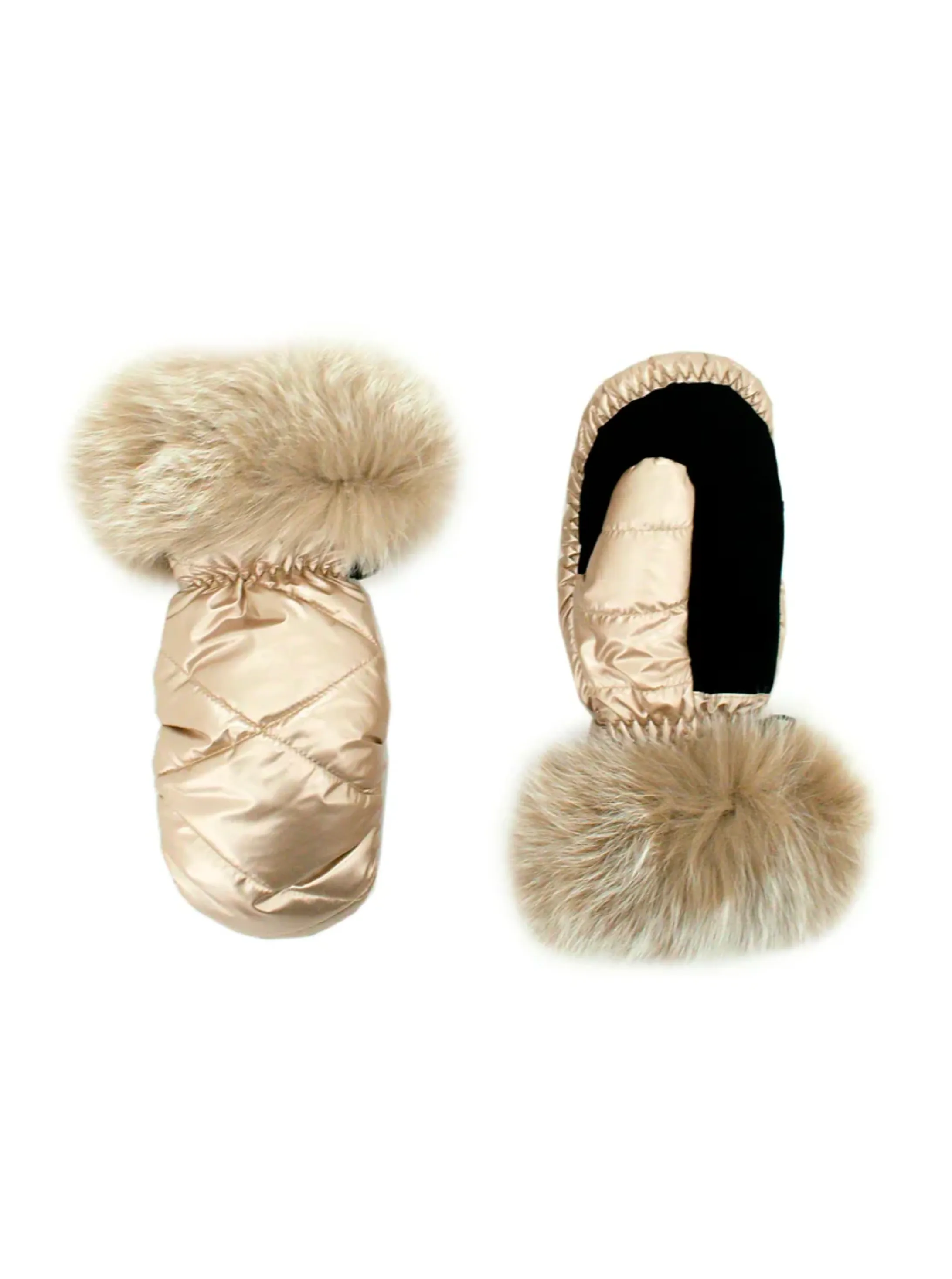Nylon Mittens with Blush Fox Trim [Champagne-MTJS01]