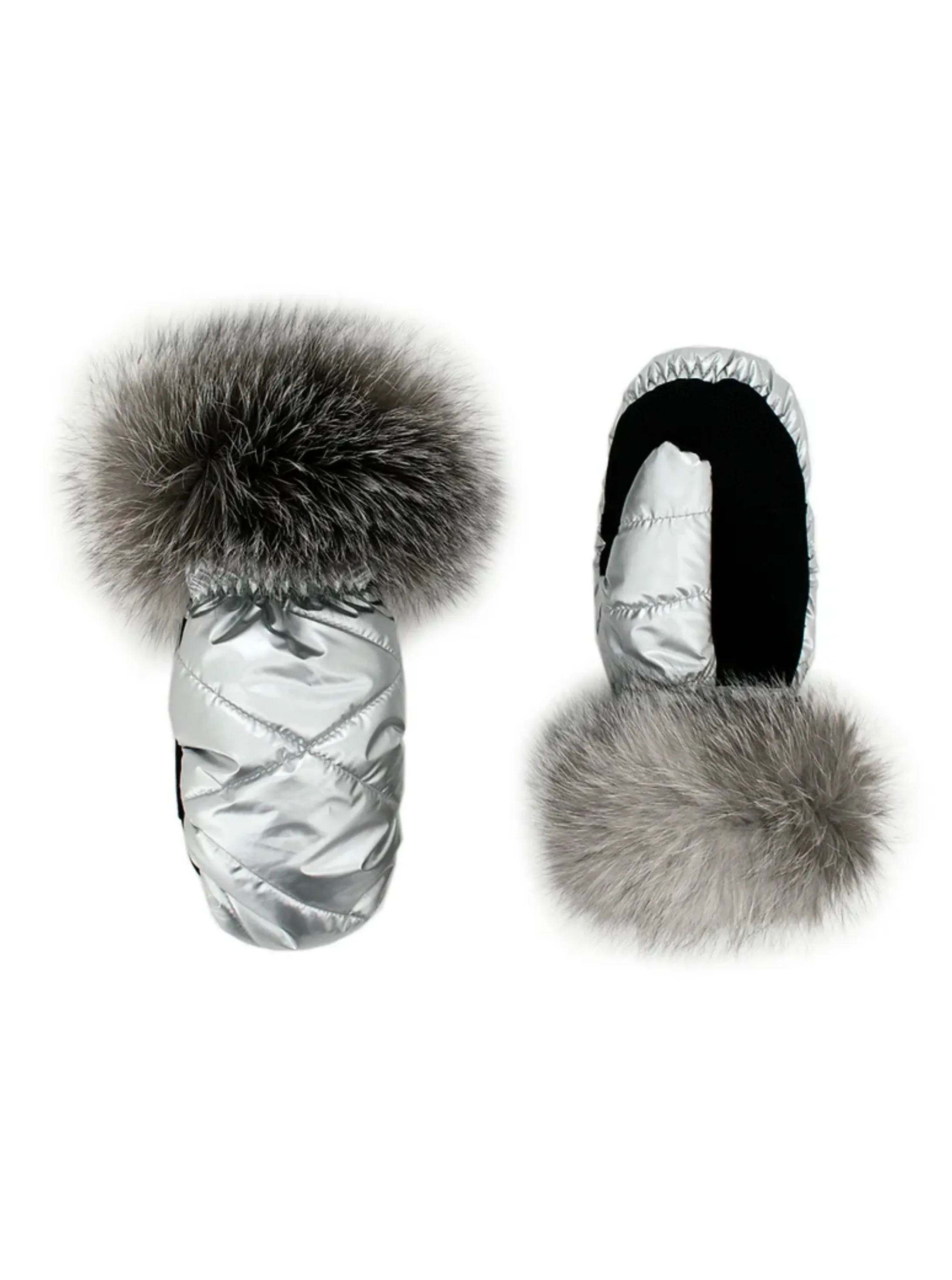 Nylon Mittens with Indigo Fox Trim [Silver-MTJS01]